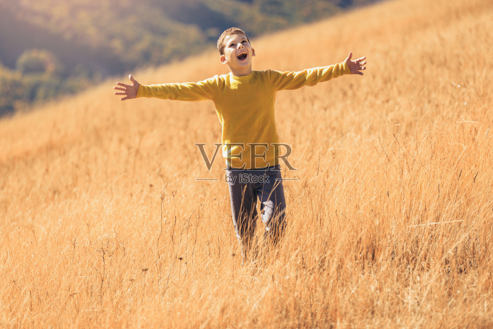 秋日乡间玩耍的可爱金发男孩照片摄影图片