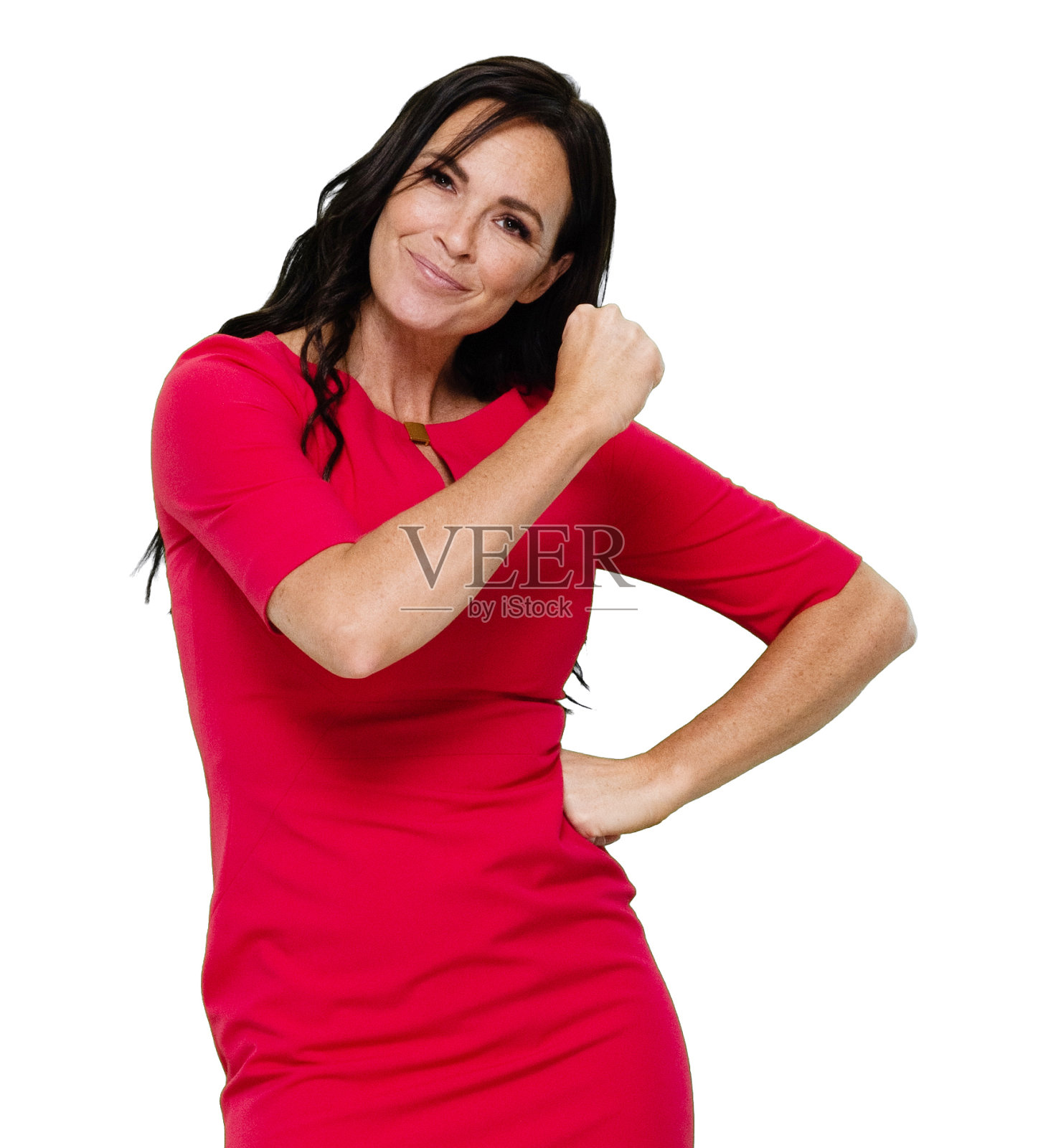 白人女性站在白色背景前穿着裙子照片摄影图片