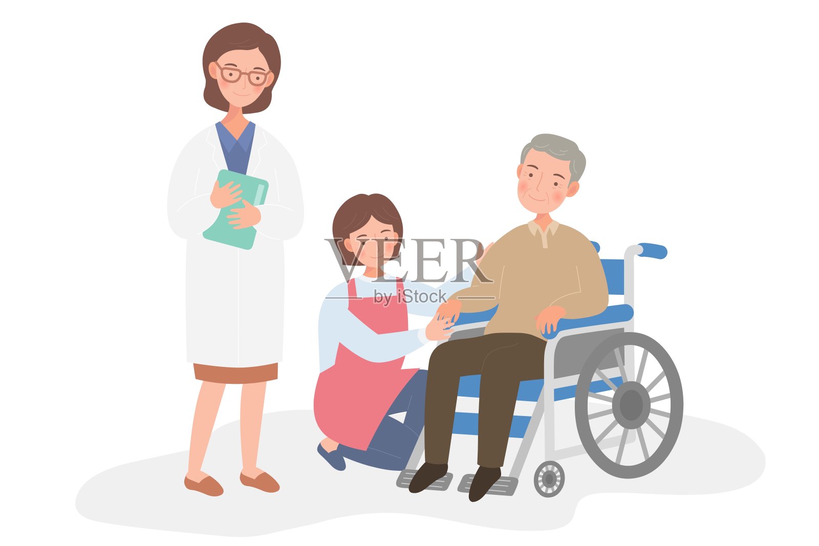 一位坐轮椅的老人，女医生和女护工。插画图片素材