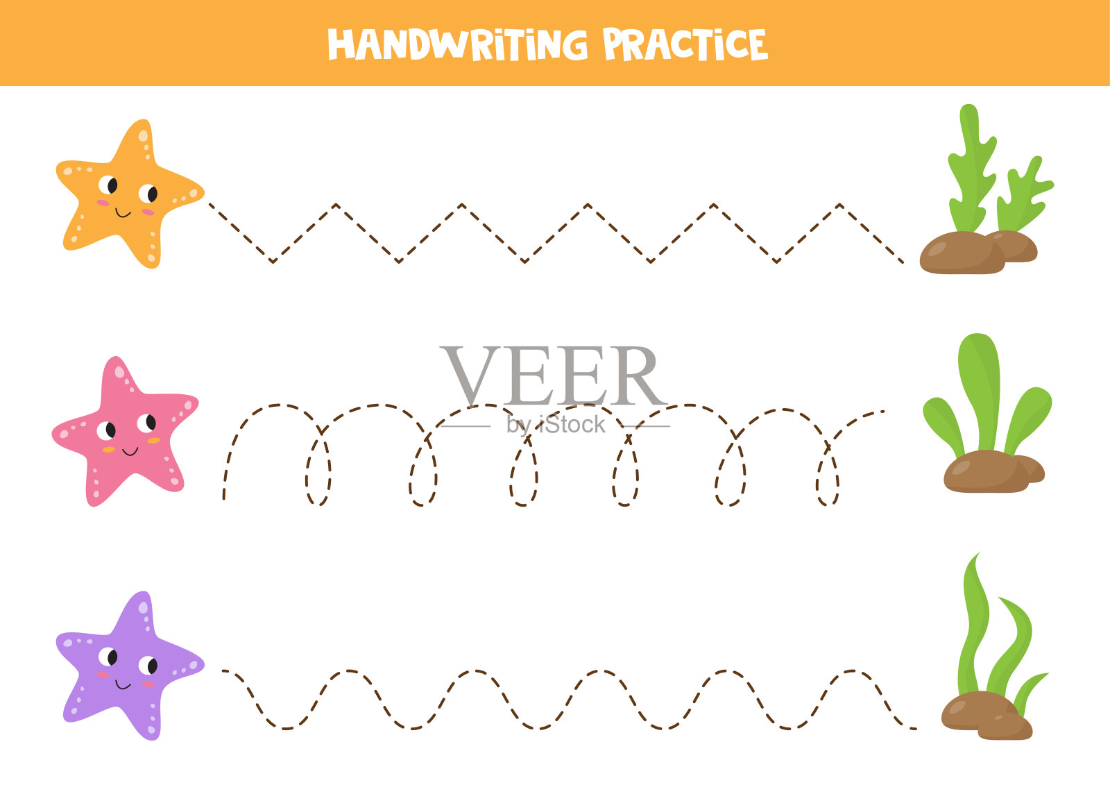 追踪海星和藻类之间的界线。教育孩子。插画图片素材