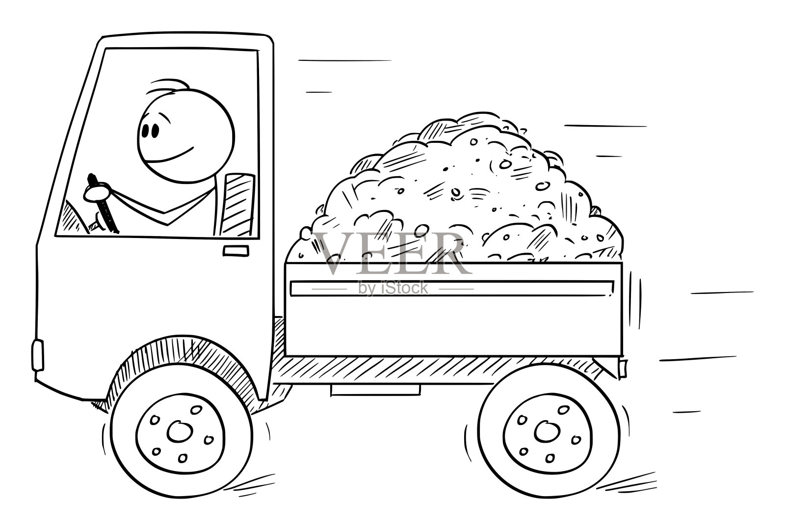 矢量卡通插图微笑的人或司机驾驶小卡车装载沙子或土壤。物流与运输概念。插画图片素材