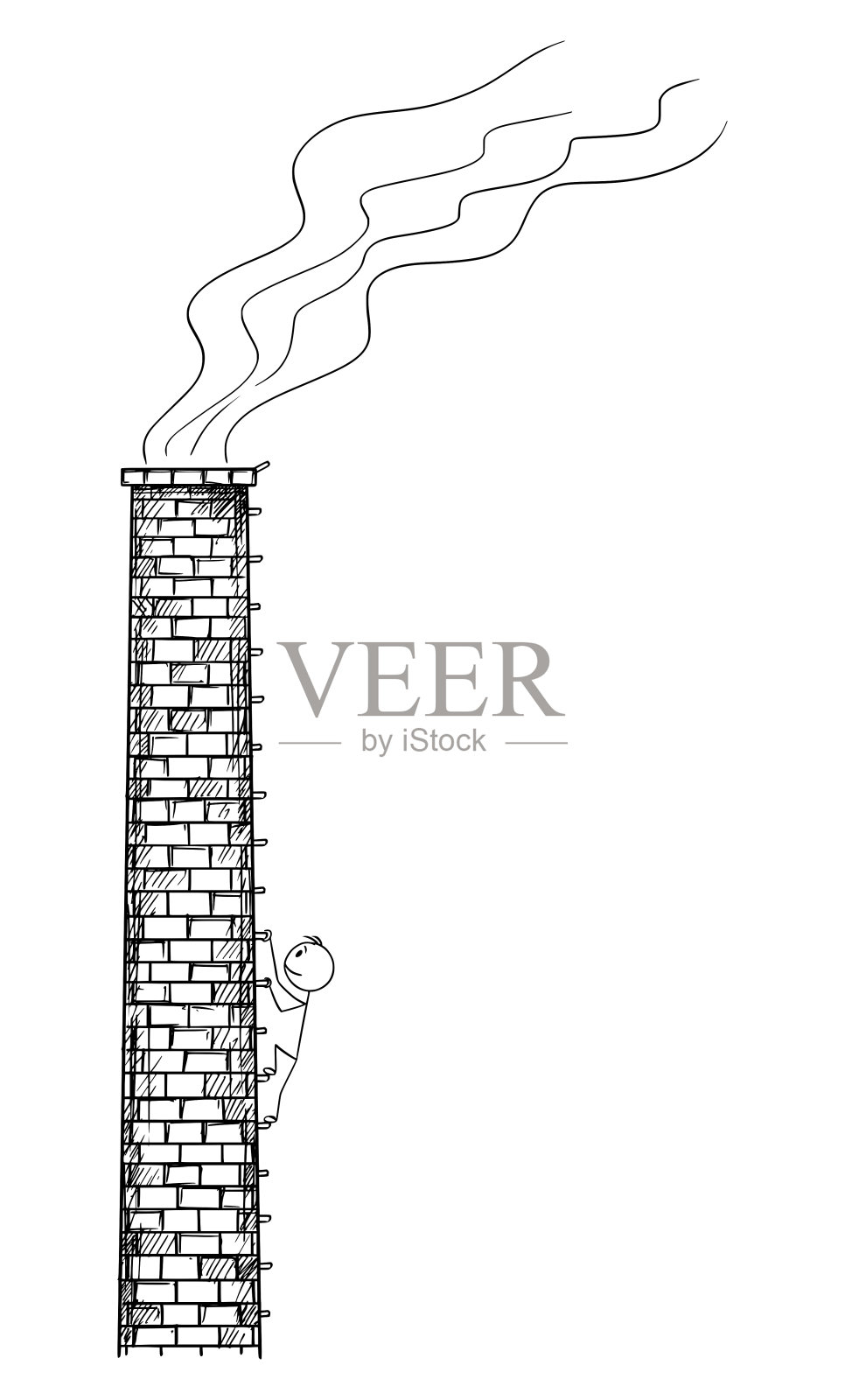 人，工人或生态学家爬老工厂的烟囱或烟囱的矢量卡通插图。插画图片素材