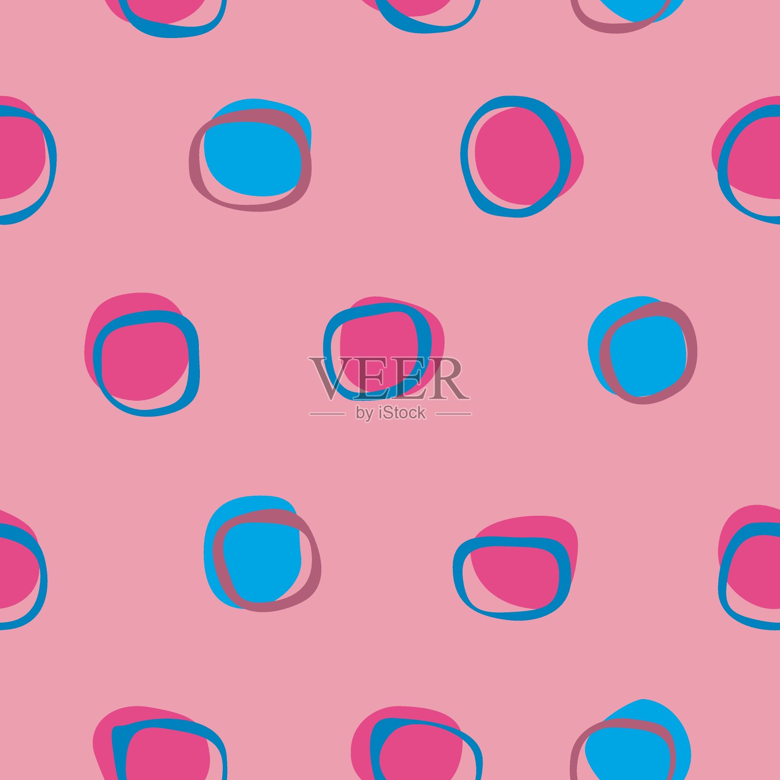 一个无缝图案与抽象的涂鸦圆在粉红色的背景上打印在纺织品上，一个随机的90年代风格的股票矢量插图儿童或婴儿插画图片素材