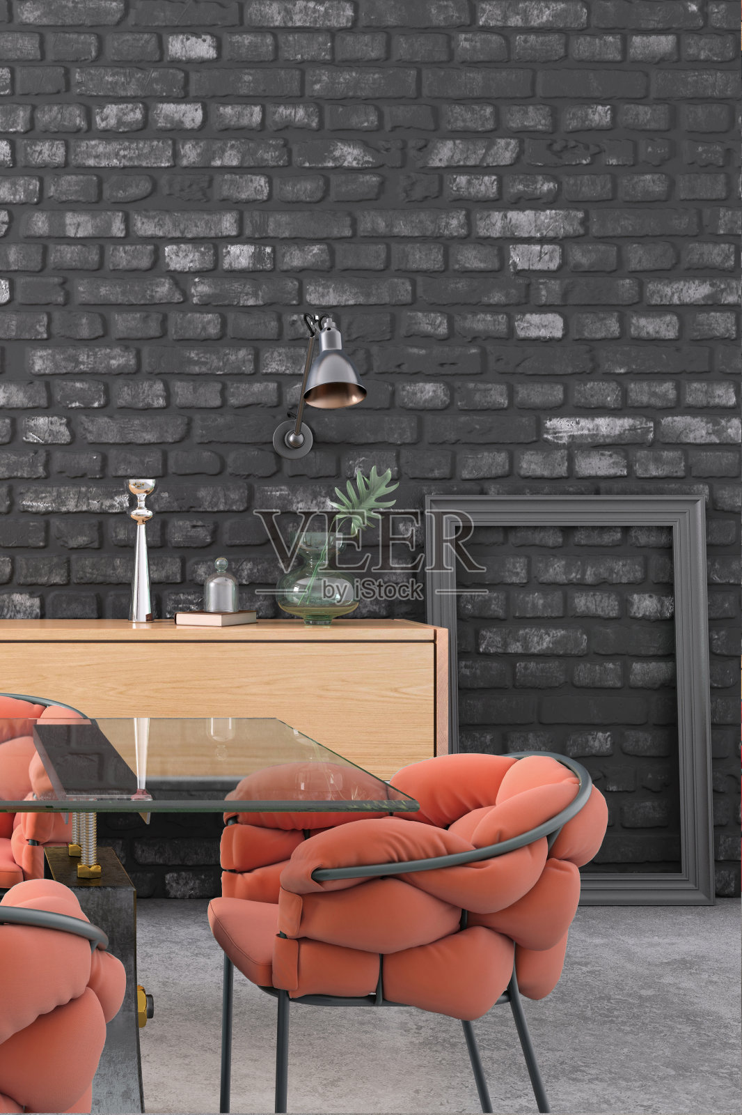 餐厅与空白的黑色砖墙照片摄影图片