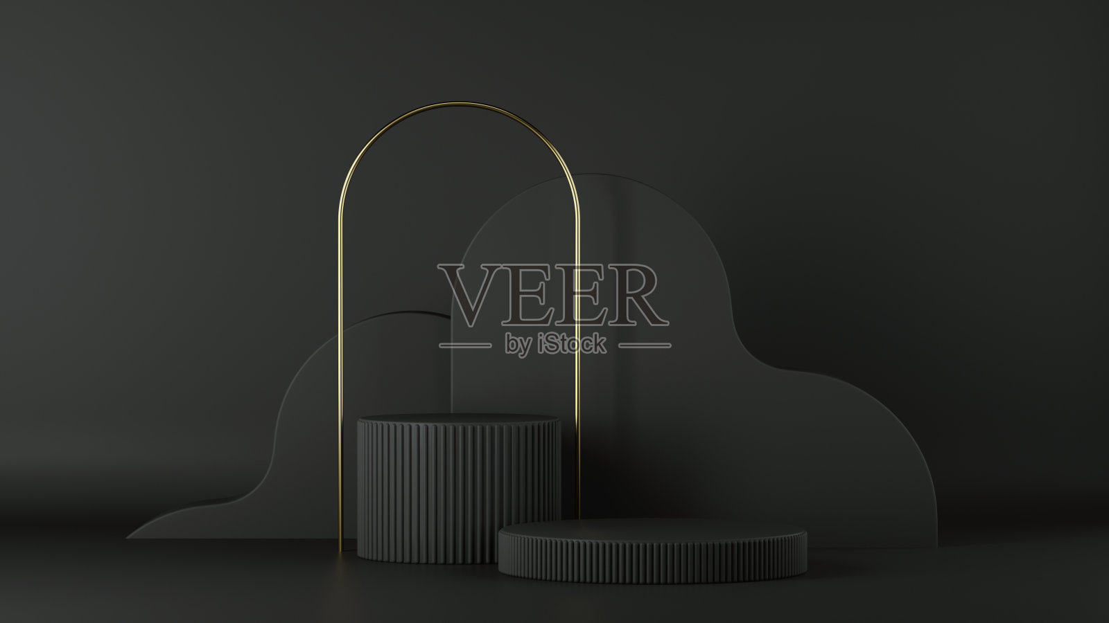 3d渲染，极简的黑色背景。抽象的元素。空圆筒裙台、空基座、圆形舞台、陈列架、产品展示台、金色拱门。副本的空间。现代高端设计照片摄影图片