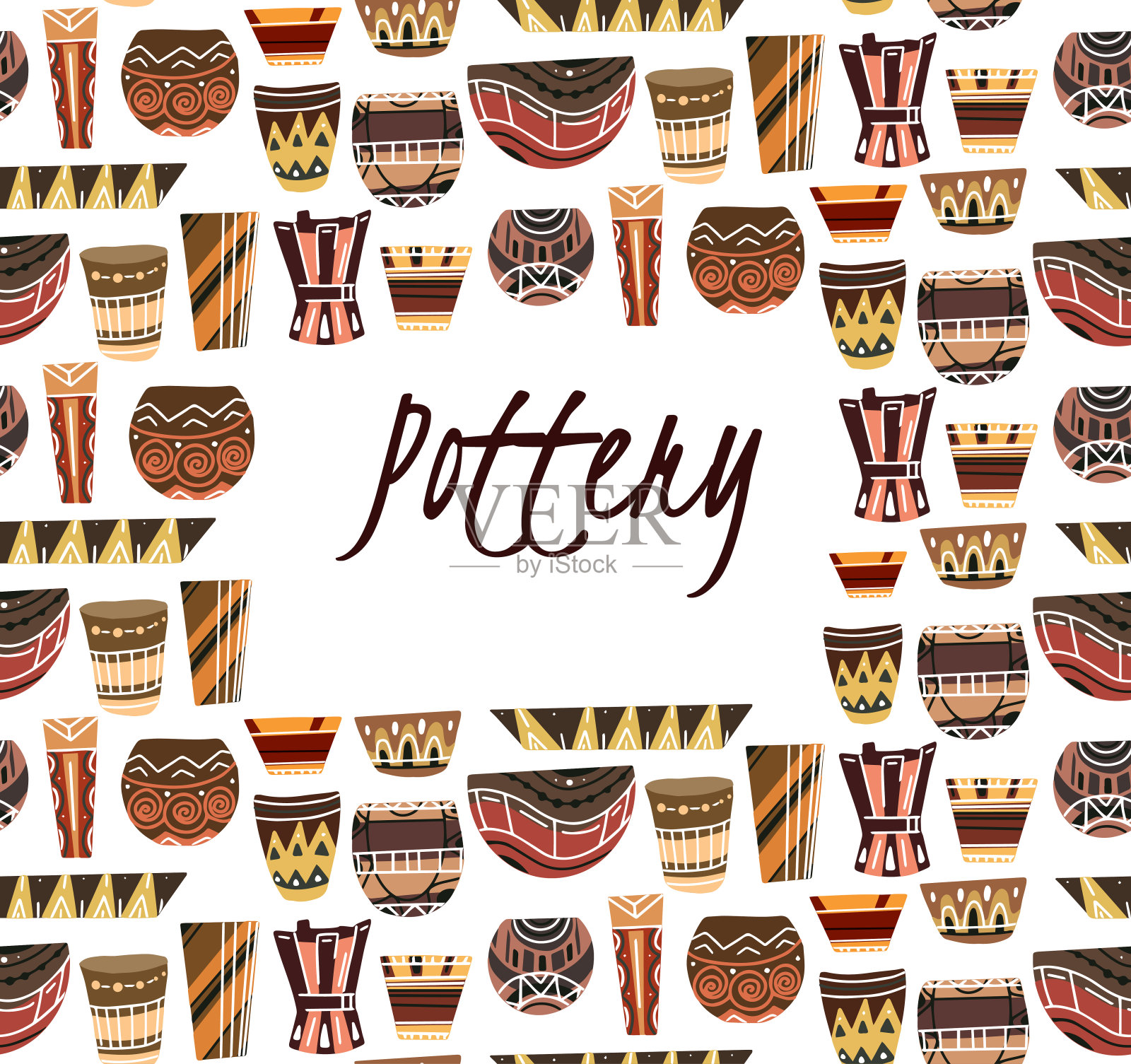 陶艺课。方形卡与平粘土花瓶和锅与波西米亚模式和地方的文字在白色的背景。向量模板插画图片素材