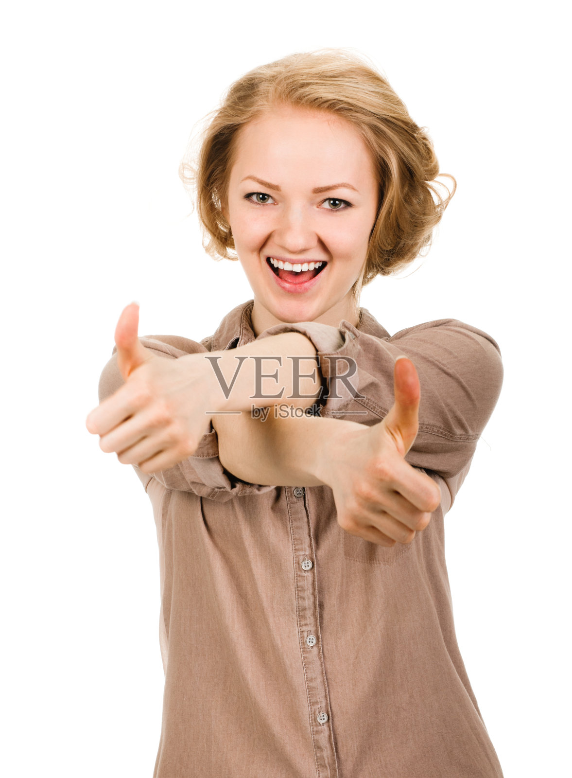 年轻女子竖起大拇指照片摄影图片