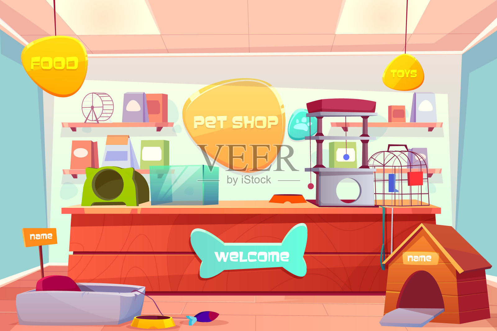 宠物店内饰，家养动物店带书桌插画图片素材