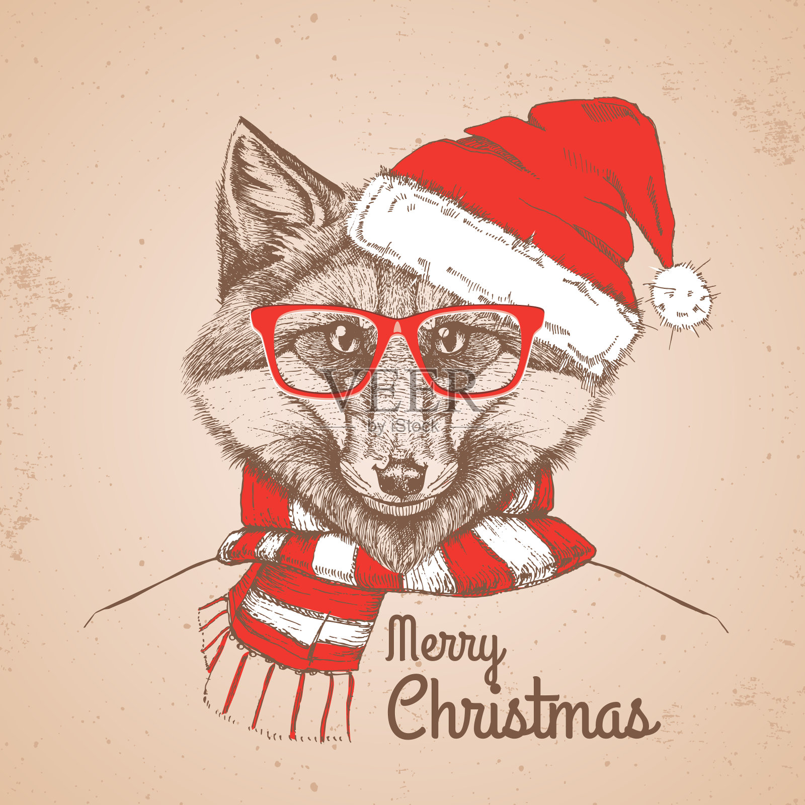 圣诞潮时尚动物狐狸戴上了新年帽子和围巾设计元素图片