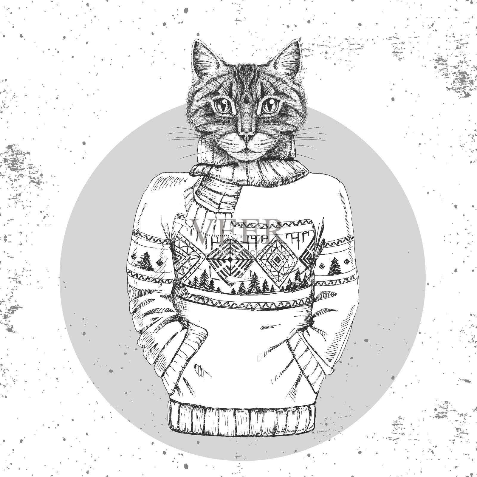 复古潮时尚的动物猫穿着套头衫。潮人的动物插画图片素材