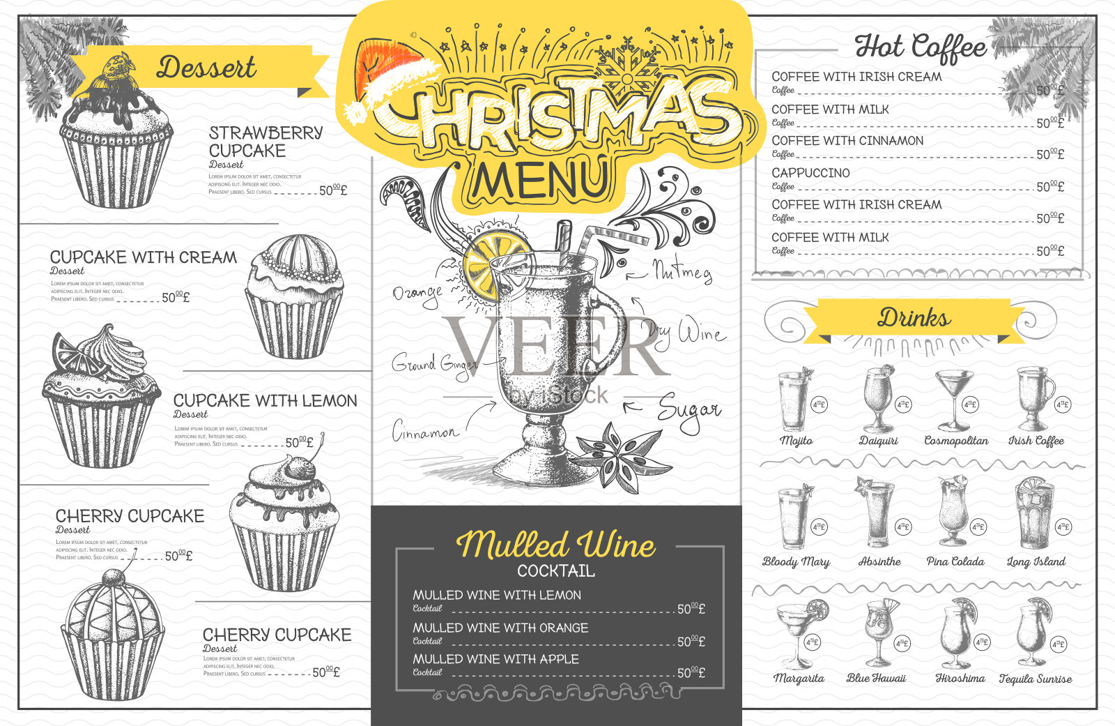 复古圣诞菜单设计。餐厅的菜单插画图片素材