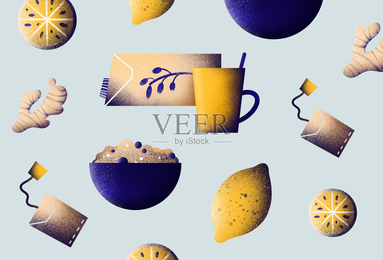 茶，姜，柠檬和格兰诺拉麦片插图插画图片素材