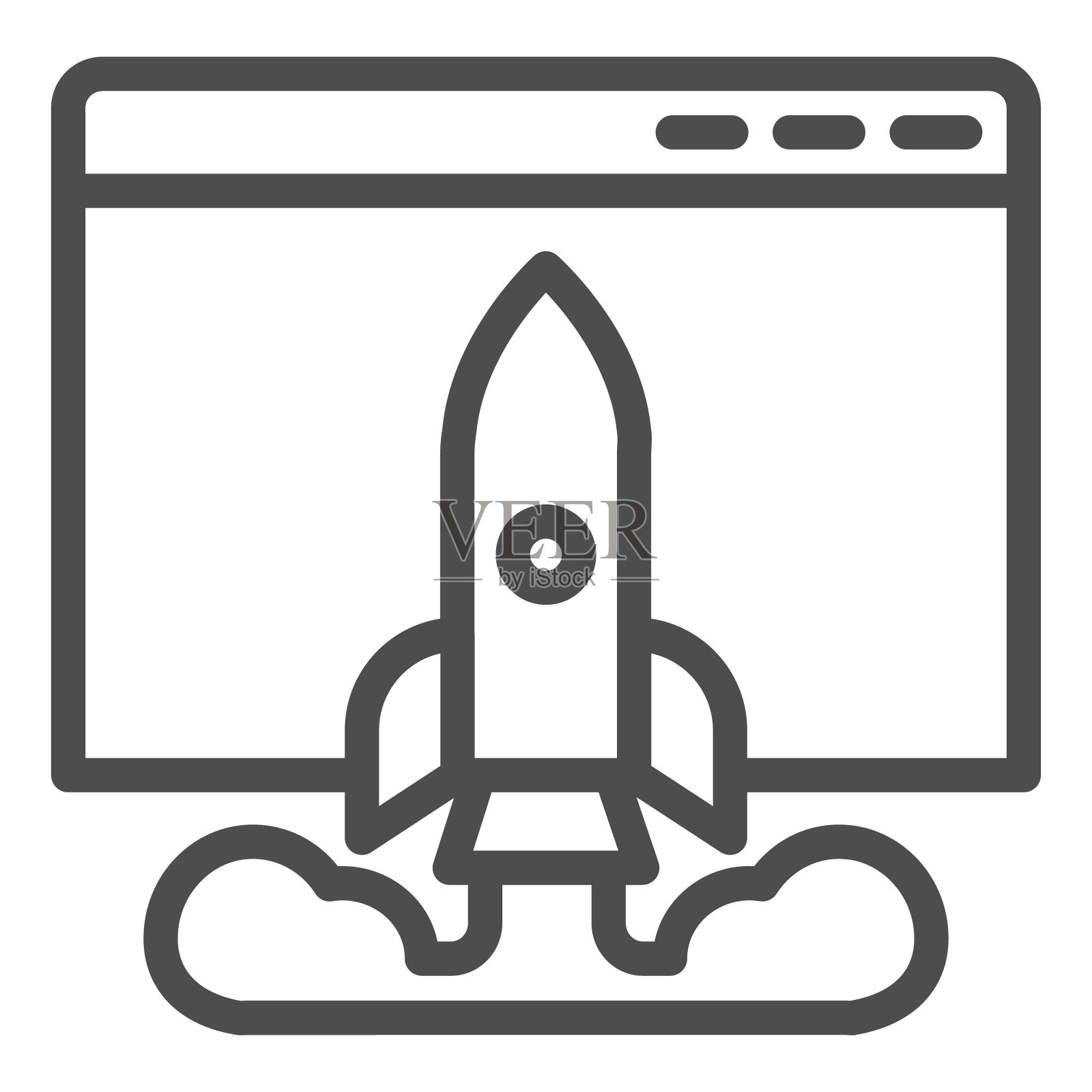 Internet启动浏览器窗口行图标。网页与火箭发射。信息技术矢量设计理念，白色背景上的轮廓风格象形图，用于web和app。Eps 10。插画图片素材