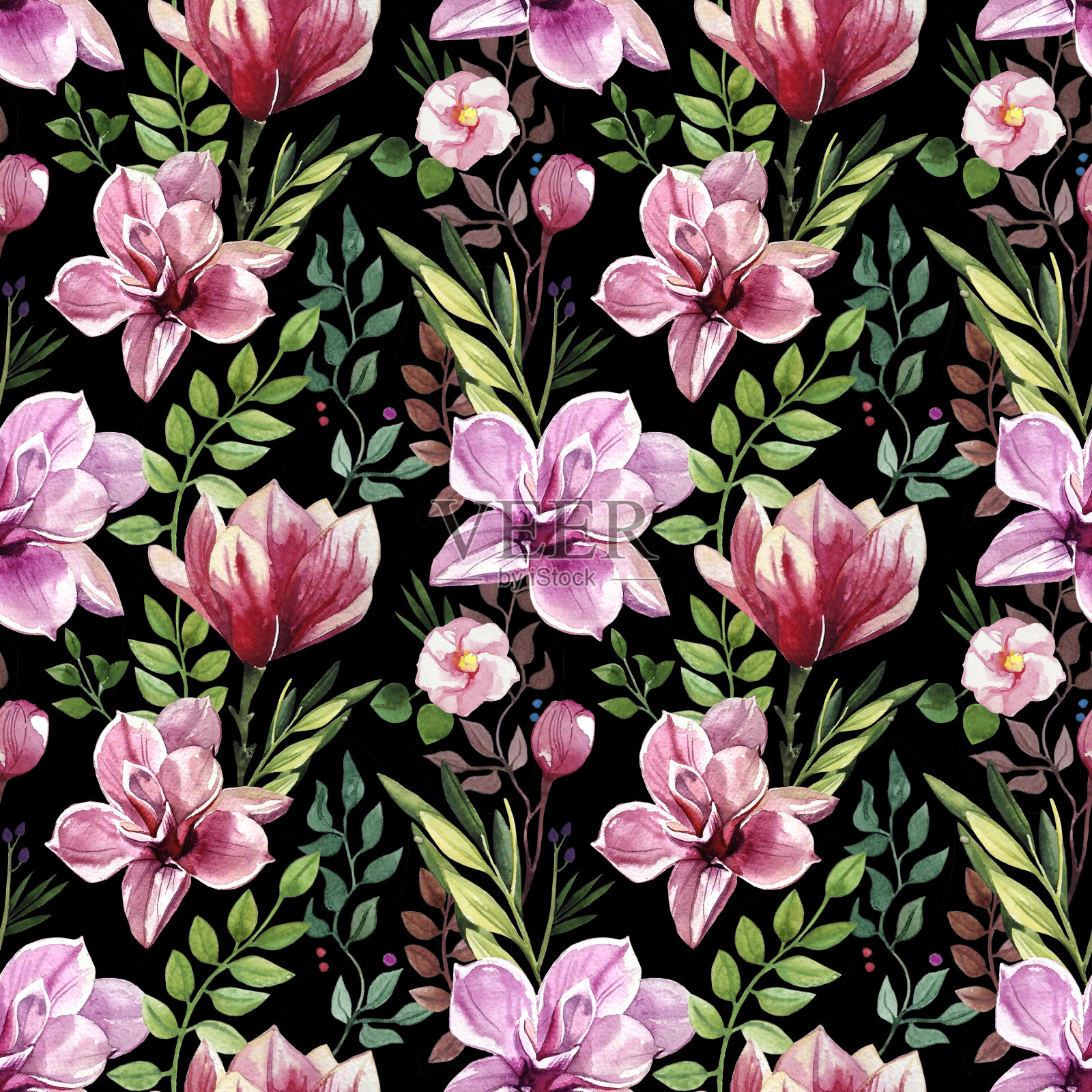 手绘水彩植物花叶玉兰无缝图案插画图片素材