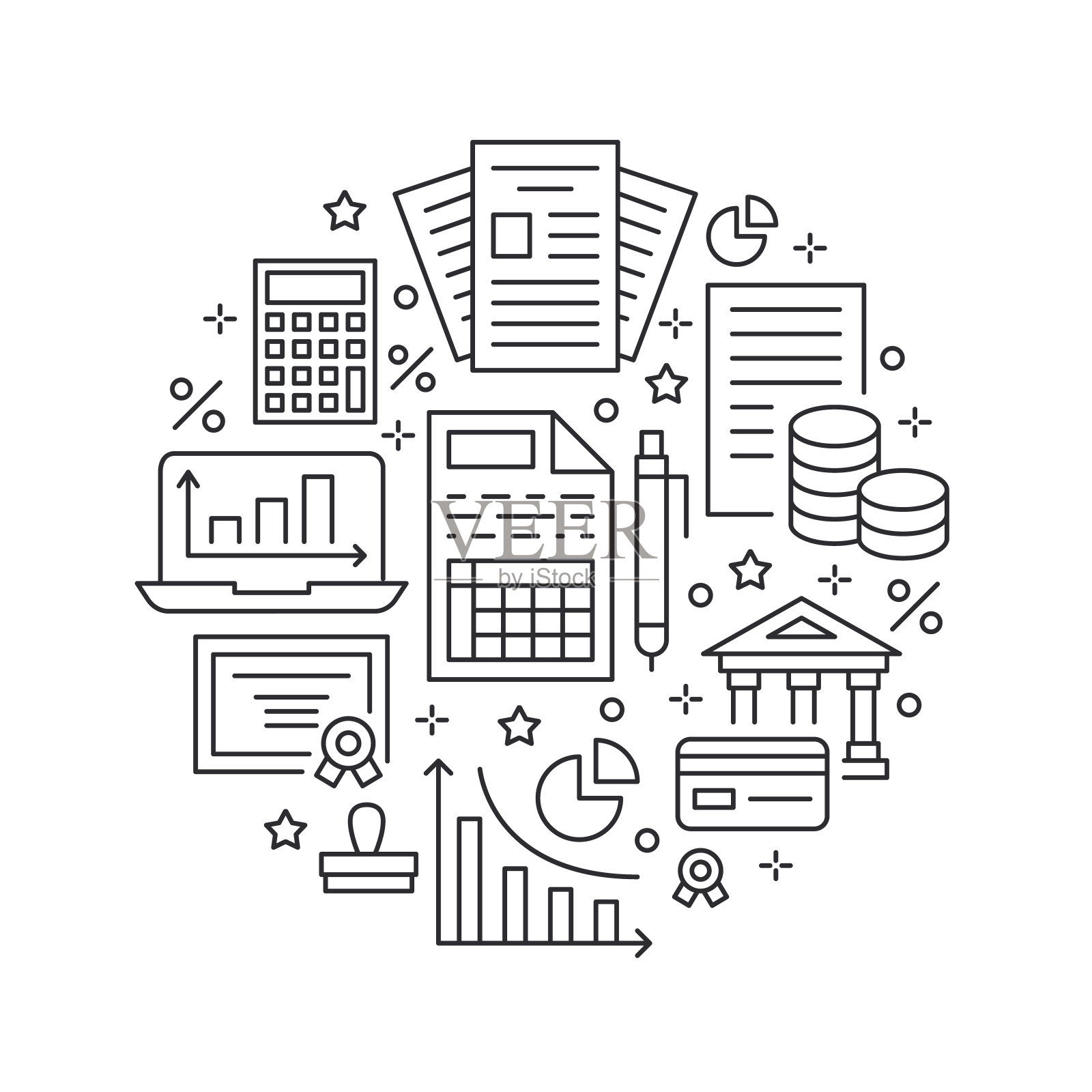 财务会计圈海报平线图标。簿记小册子概念，税收优化，公司会计，贷款，工资，房地产信贷。会计、财务签约法律服务插画图片素材