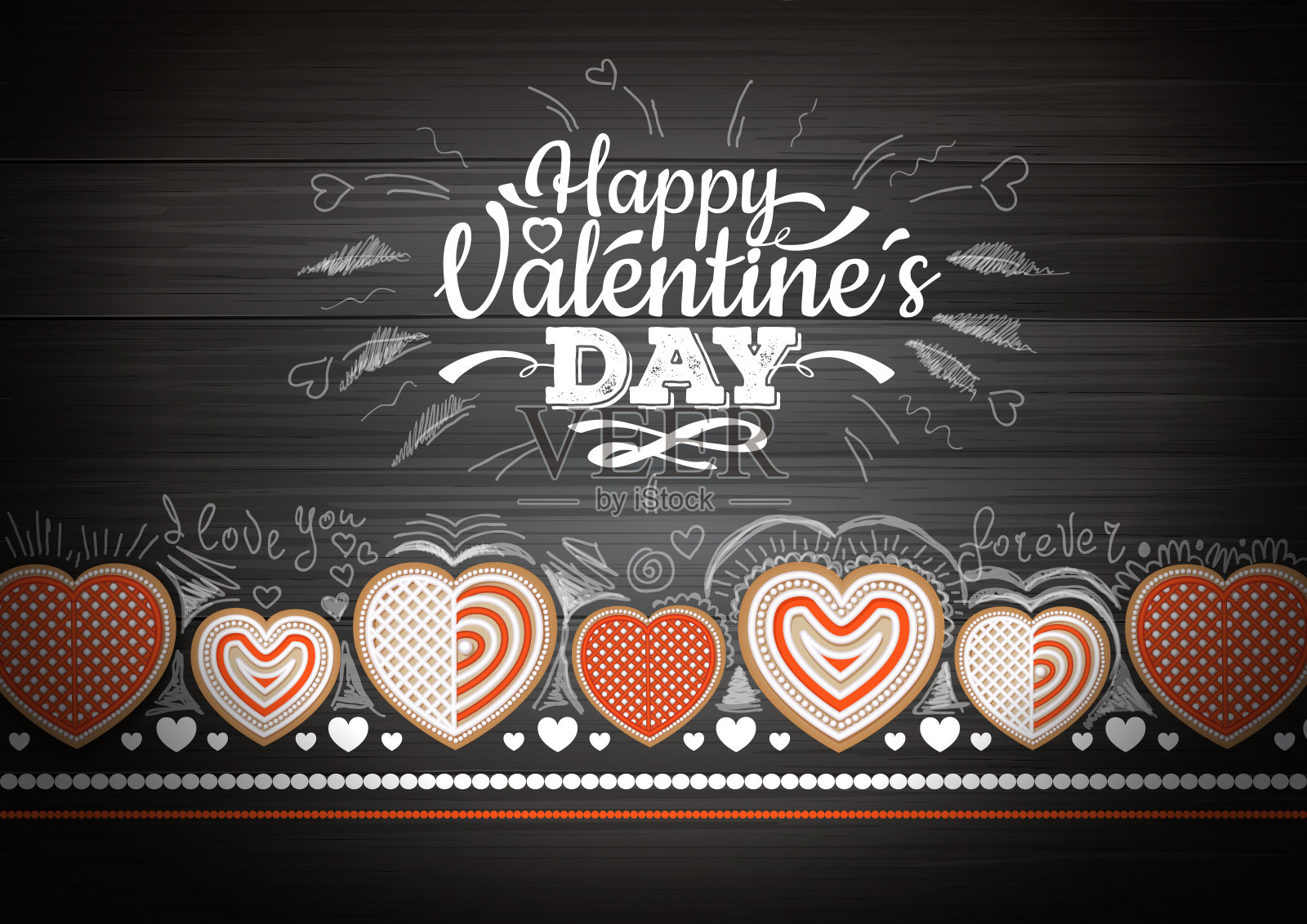 在木制背景上的情人节饼干俯视图。情人节快乐插画图片素材