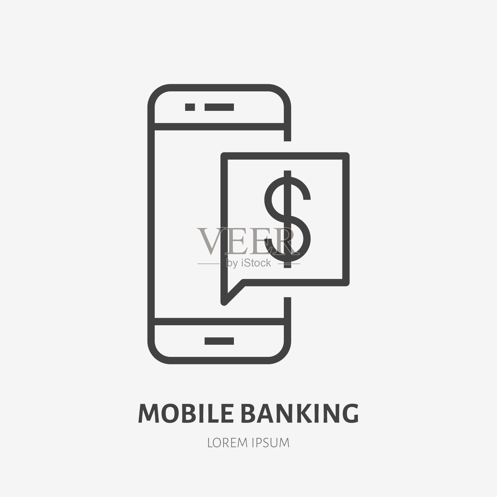 手机上有通知钱的平线图标。网上银行留言签名。细线形金融服务标志，现金转账，交易确认矢量插图设计元素图片