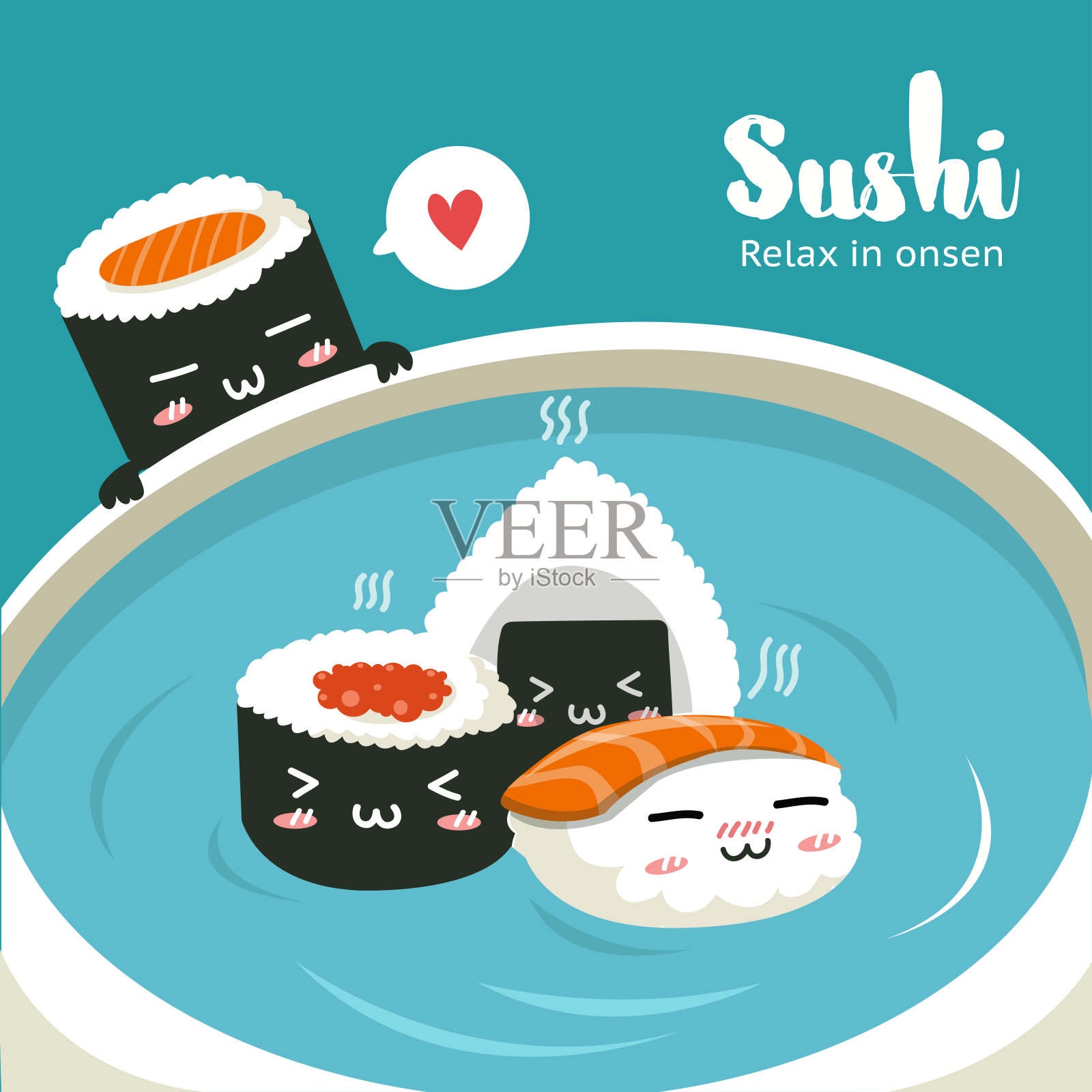 可爱的寿司让你在温泉中放松。插画图片素材