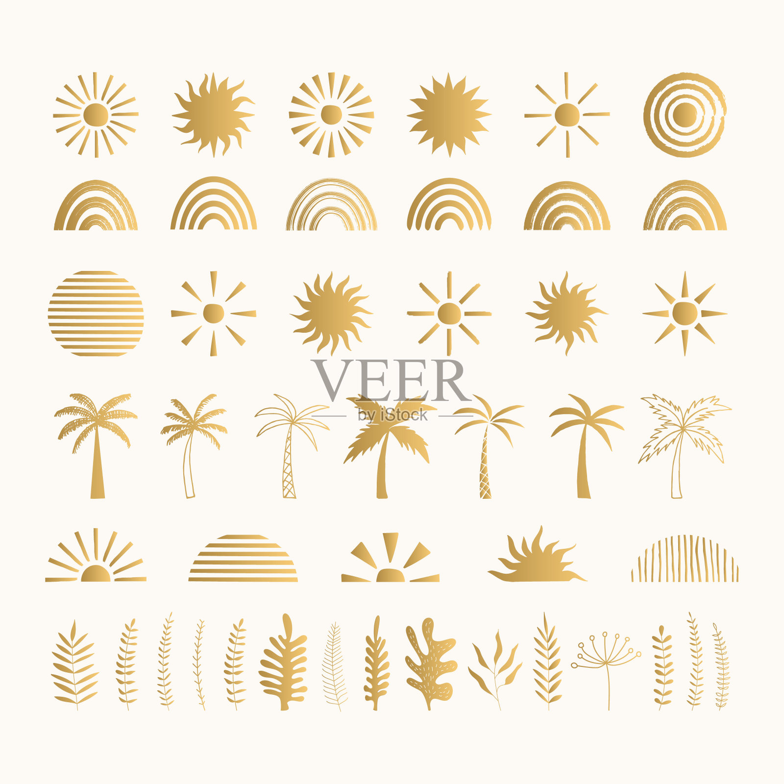 一套金色的夏季标志。阳光，彩虹，棕榈树，树叶和草药。向量孤立的插图。插画图片素材