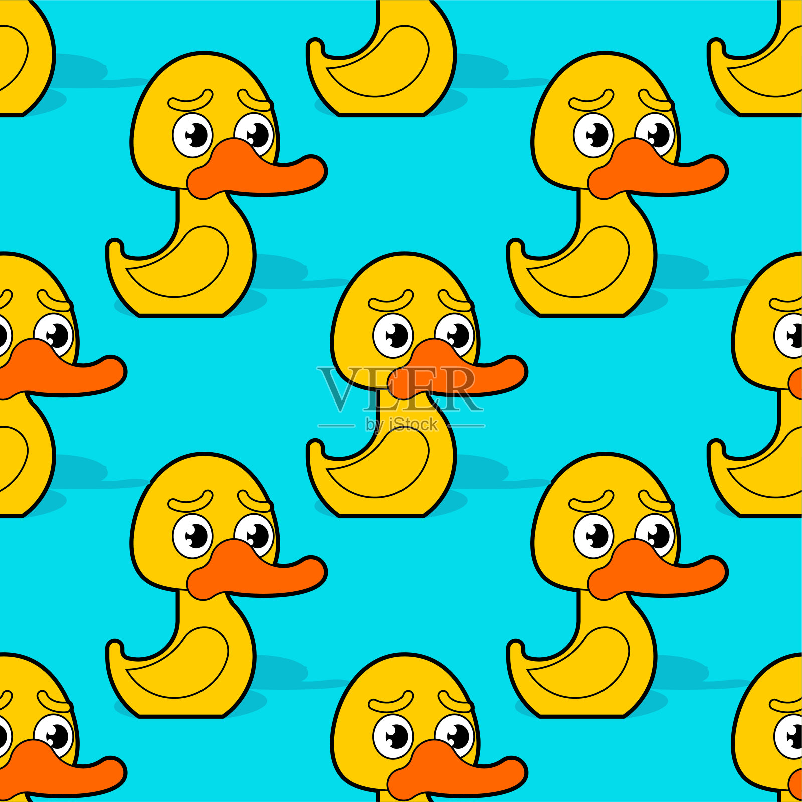 无缝橡皮鸭图案。卡通玩具小鸟背景。婴儿面料纹理。矢量装饰插画图片素材