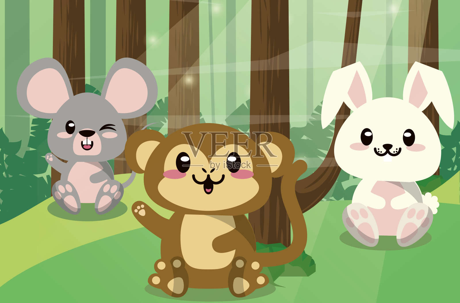 可爱的动物群在景观场景插画图片素材