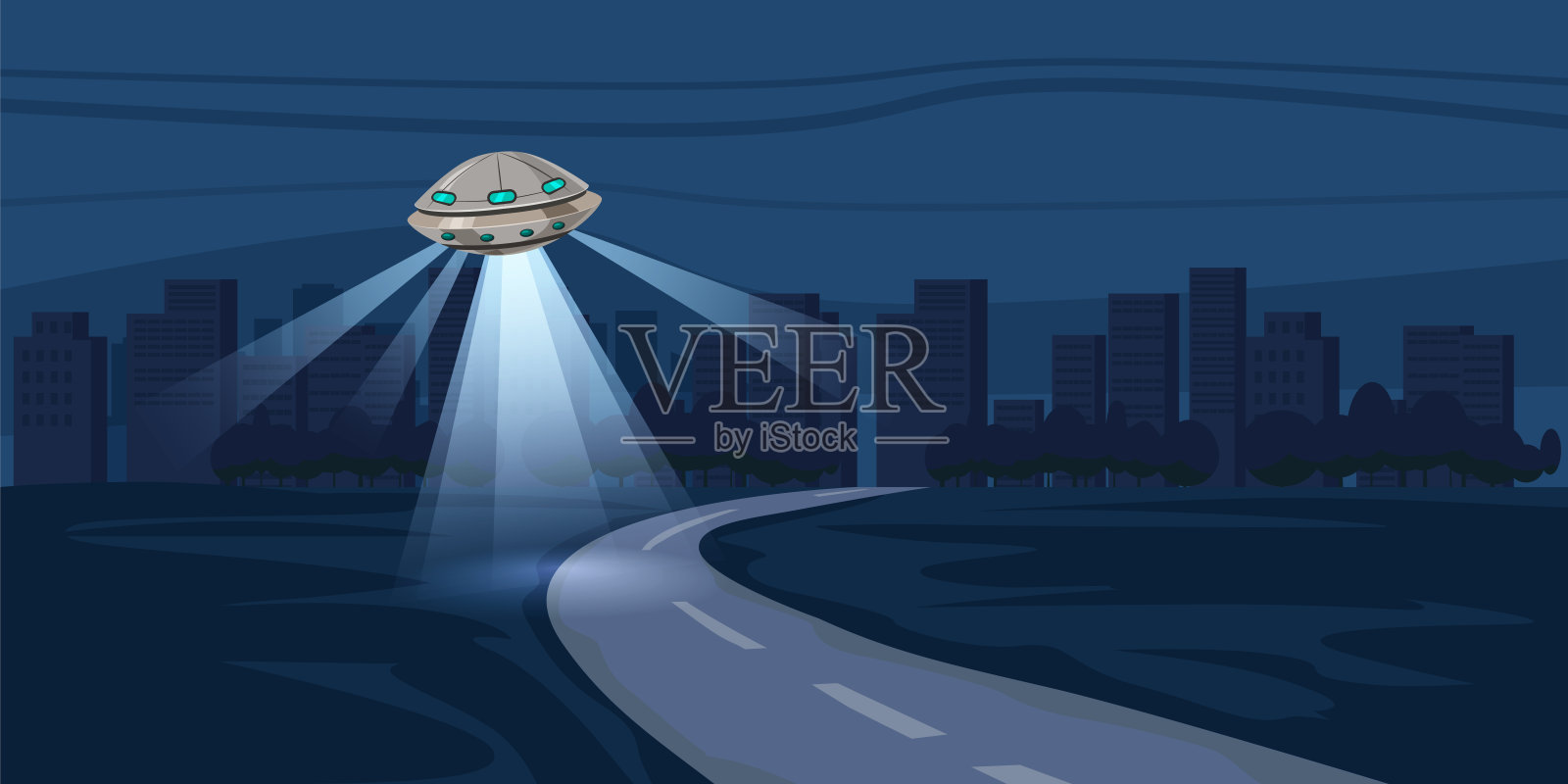 UFO飞过夜晚的城市，大都市，房子，摩天大楼，昂贵的，矢量，插图插画图片素材