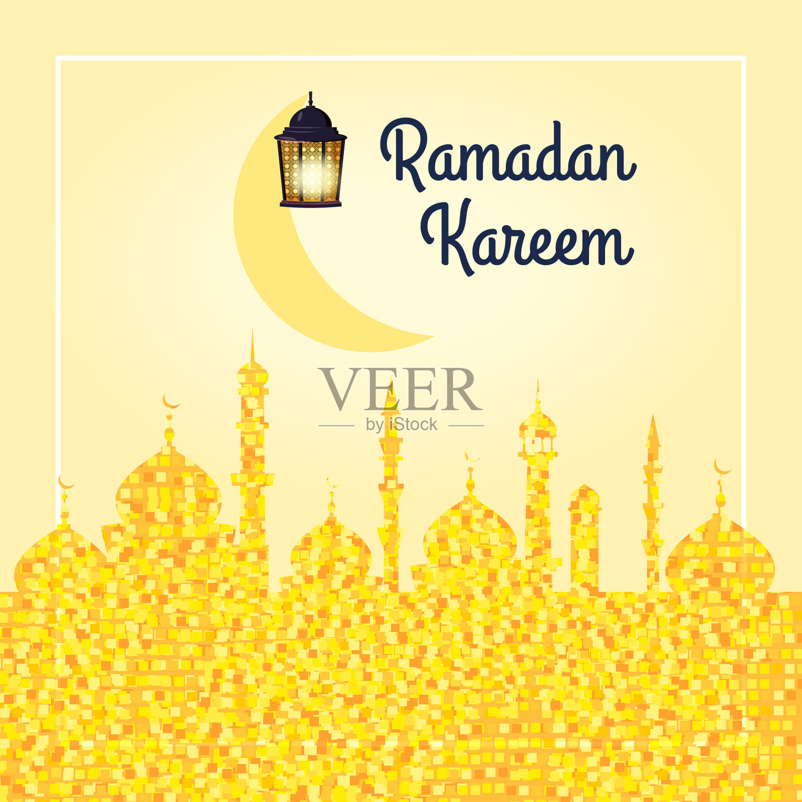 斋月卡里姆背景，插图与阿拉伯灯笼和金色新月，在背景金色闪光。向量,孤立插画图片素材