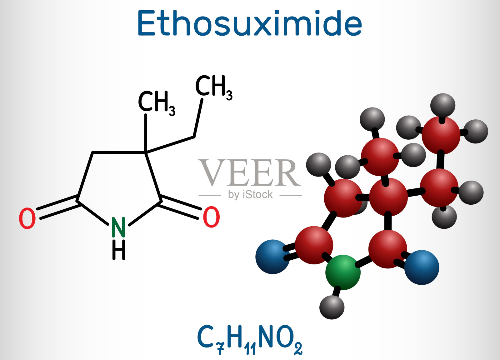 乙琥胺,C7H11NO2分子。它是以丁二酰亚胺为基础的抗惊厥药，用于治疗失神发作。结构化学式和分子模型插画图片素材