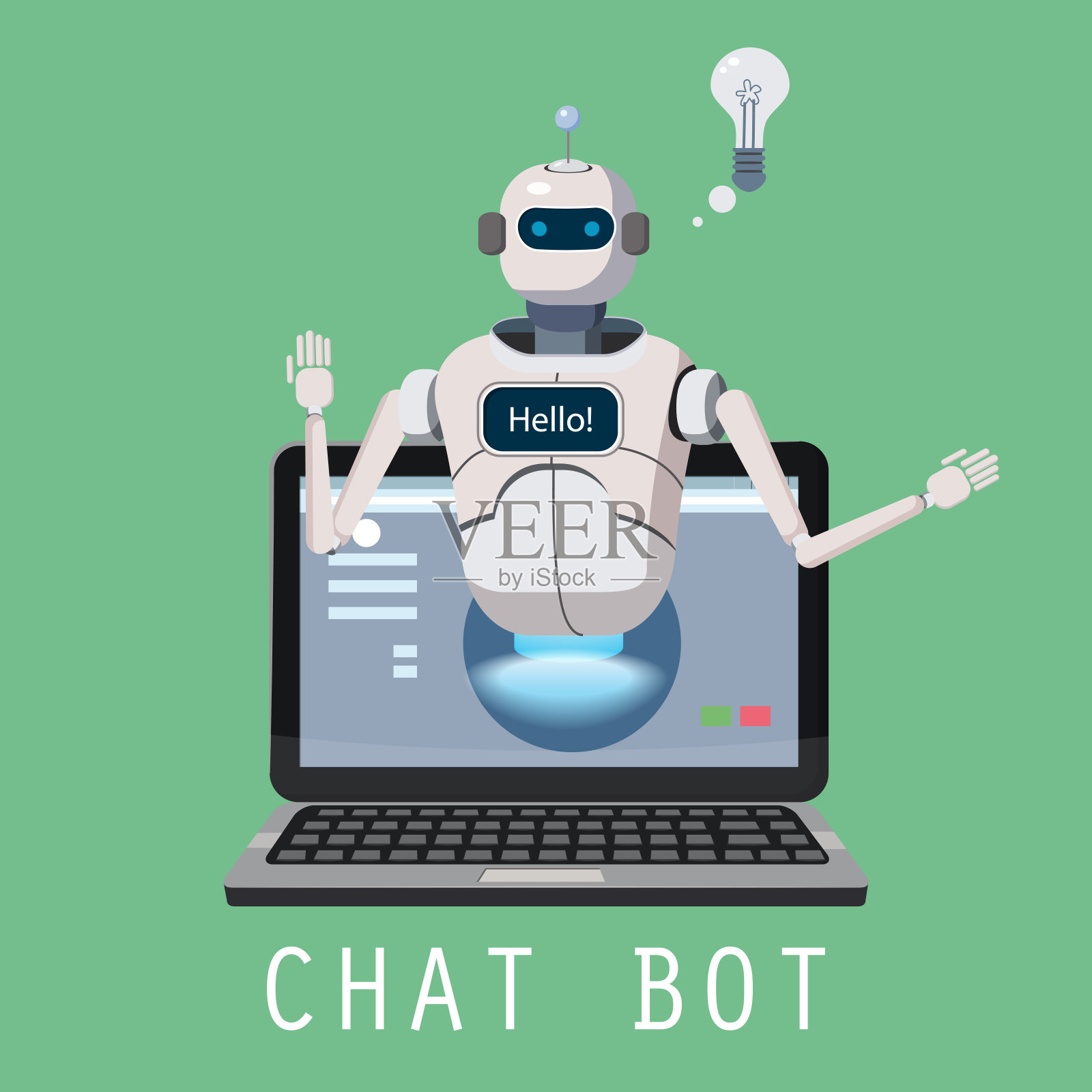 免费聊天机器人，在笔记本电脑上的机器人虚拟援助说你好元素的网站或移动应用程序，人工智能概念卡通矢量插图插画图片素材