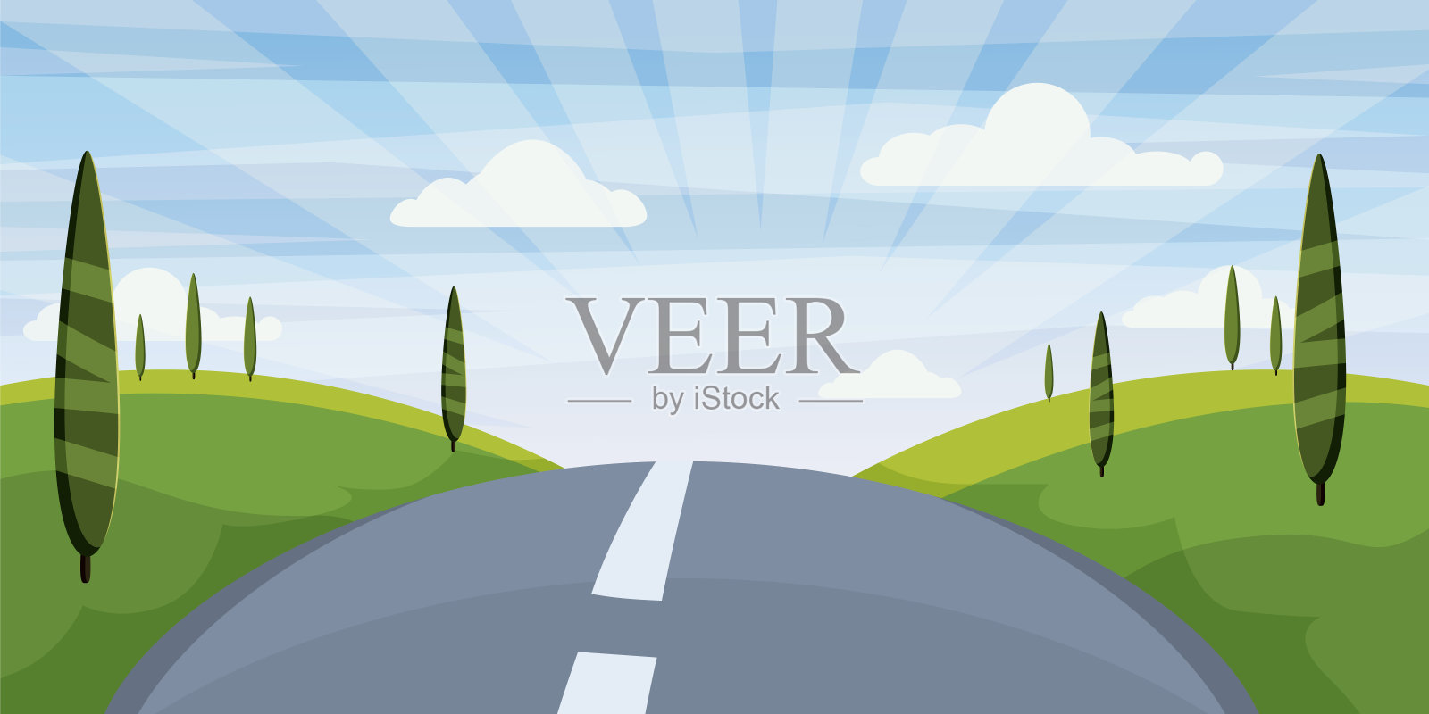 卡通景观有公路、高速公路和夏天、大海、阳光、树木。旅行,度假,旅游。矢量插图，孤立，卡通风格插画图片素材