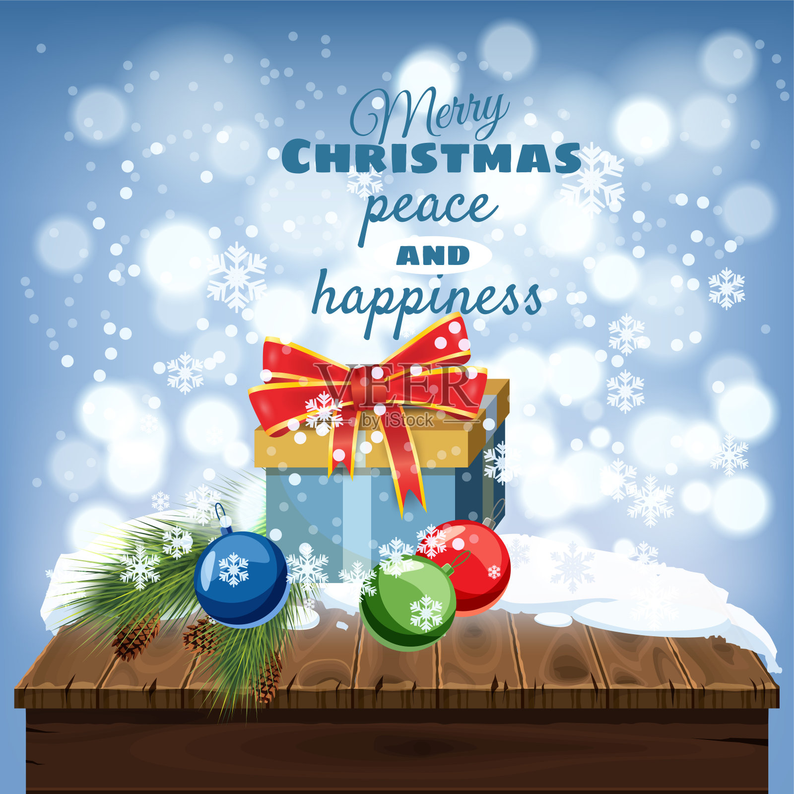 圣诞节贺卡：覆盖着雪的旧桌子、礼品盒、圣诞装饰品背景banner插画图片素材