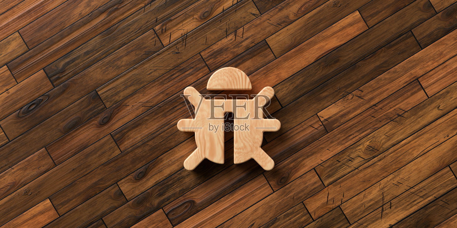 3D渲染的bug图标前面的木制背景照片摄影图片