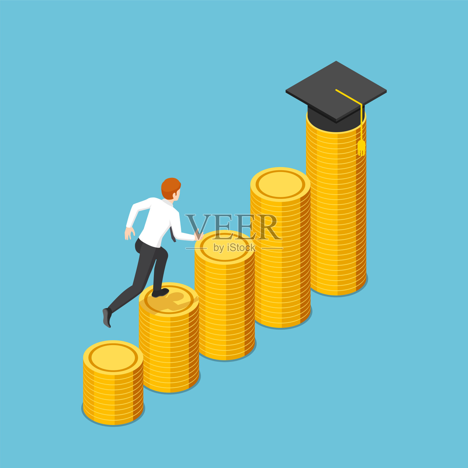 等距商人跑到毕业帽上的最高堆栈的硬币插画图片素材