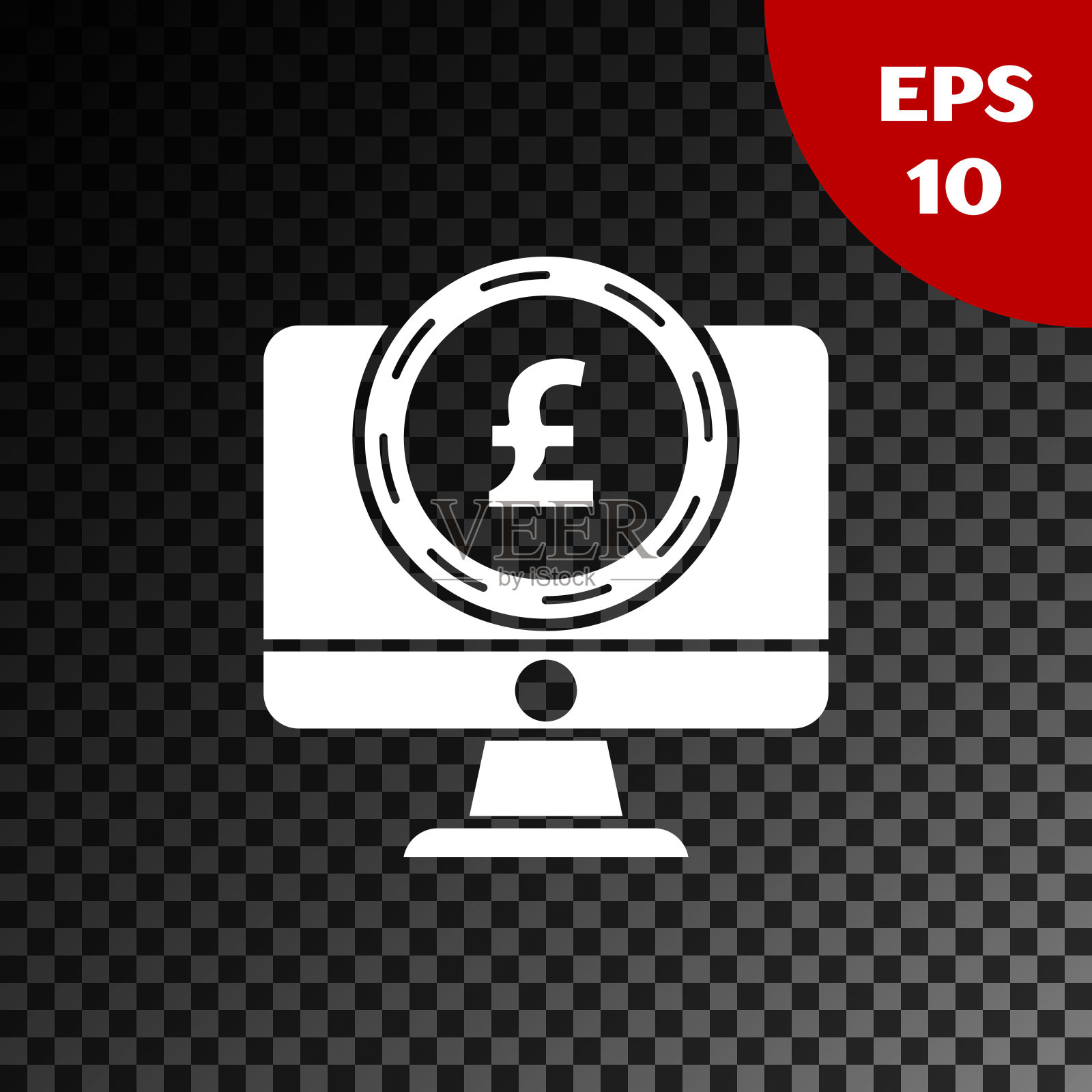 白色电脑显示器，英镑符号图标孤立在透明的黑色背景上。网上购物的概念。互联网上的收益。矢量图插画图片素材