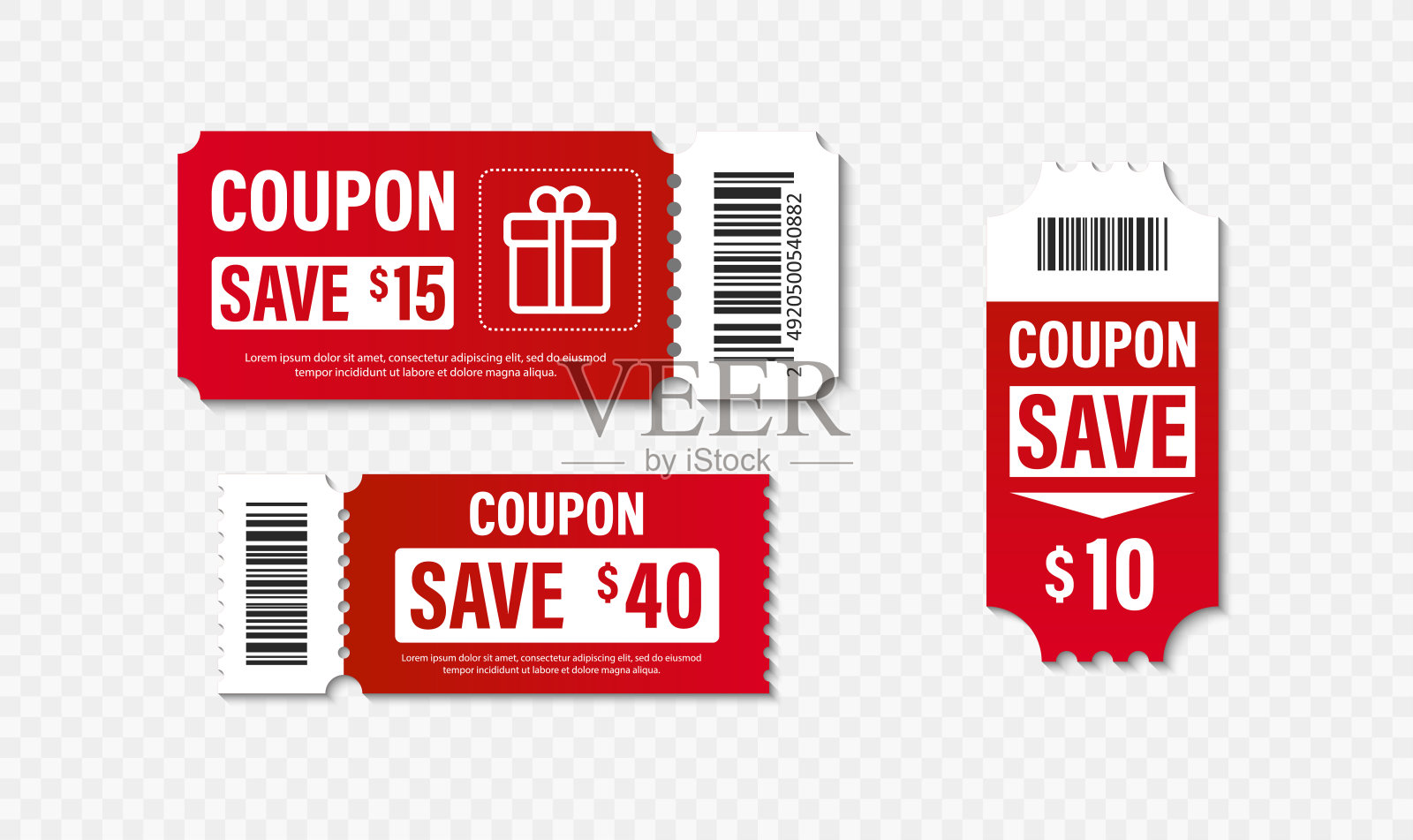 优惠券模板套。礼品券元素模板，图形设计。券优惠码。购物、营销、餐饮、商业。矢量插图。插画图片素材