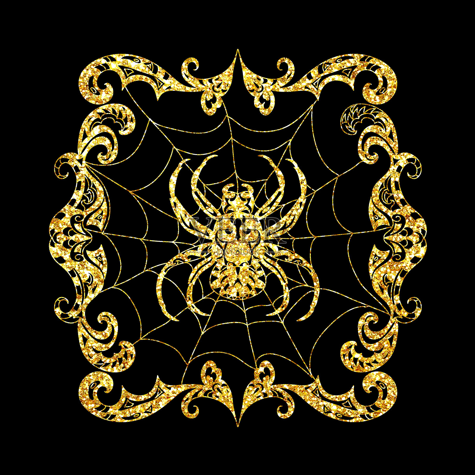 闪光手绘艺术蜘蛛在网曼陀罗闪闪发光的对象孤立在黑色的背景插画图片素材