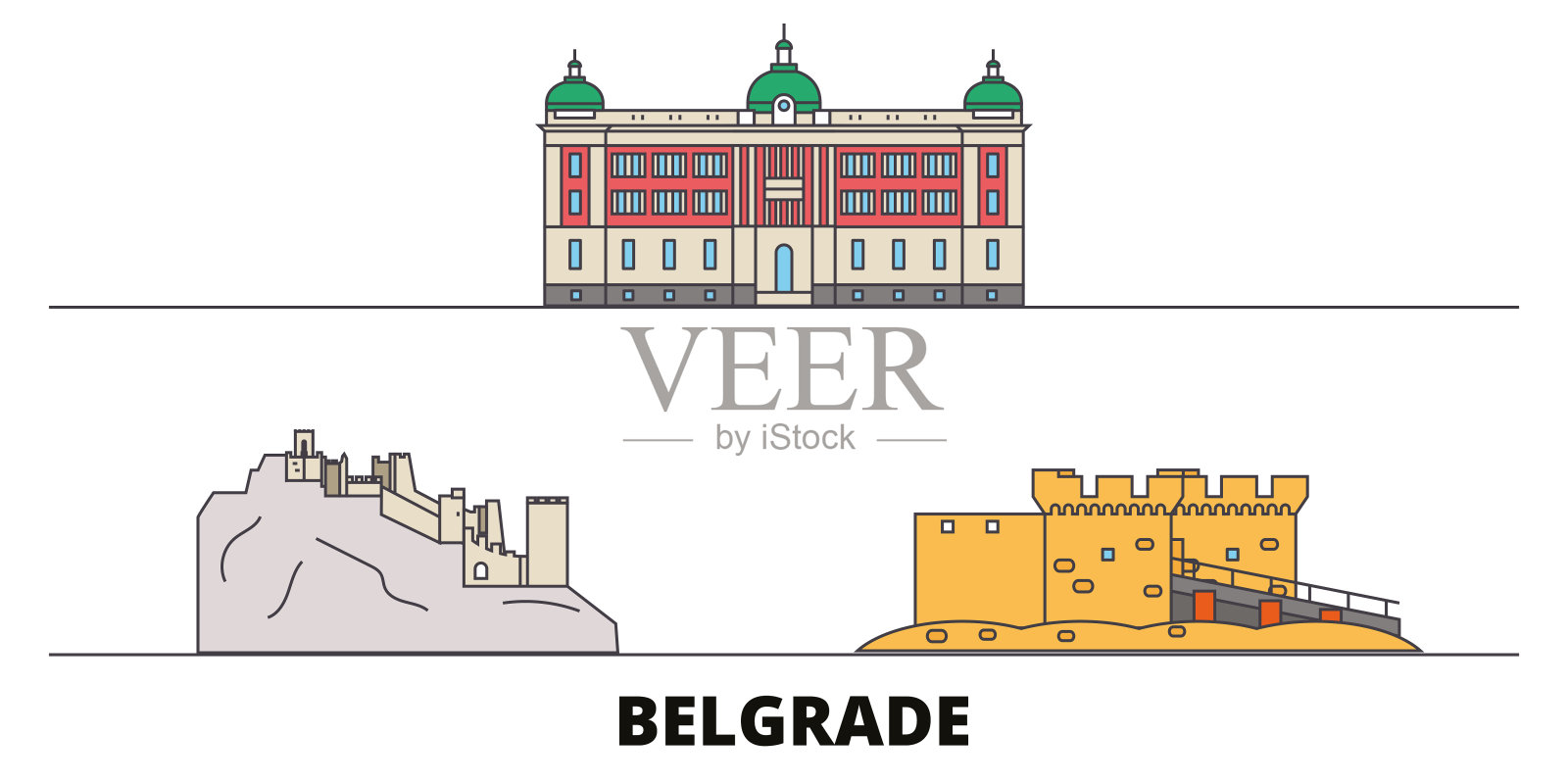 塞尔维亚，贝尔格莱德平地地标矢量插图。塞尔维亚、贝尔格莱德一线城市具有著名的旅游景点、天际线、设计。插画图片素材