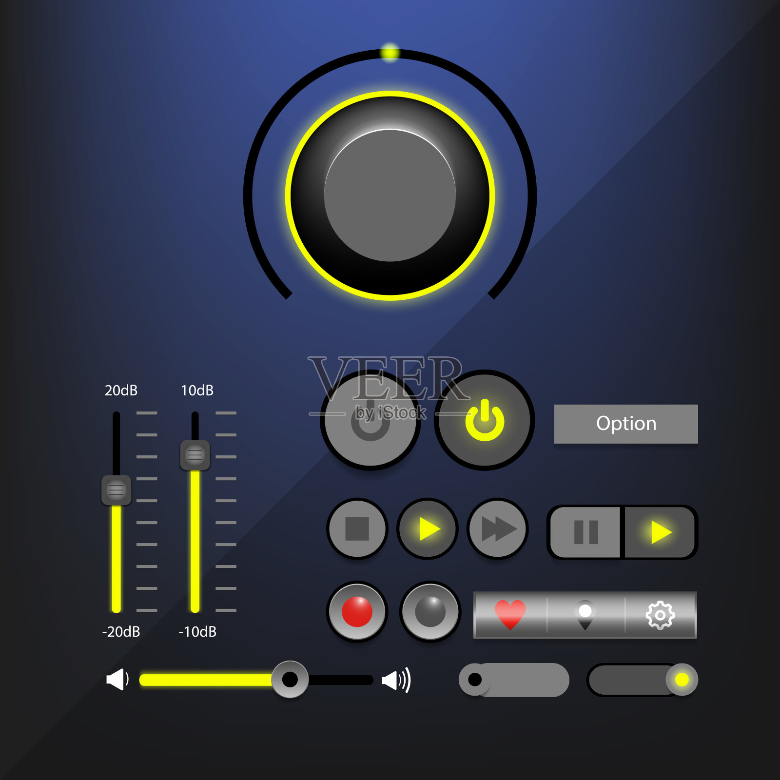 音乐播放器界面或音频播放器界面与控制导航面板。现代设计。设计元素图片