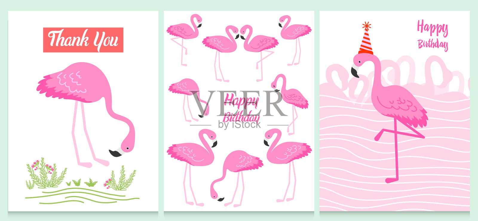 火烈鸟或热带鸟类插图派对卡片。夏天充满异国情调的背景。复古可爱的横幅或春季假日集插画图片素材