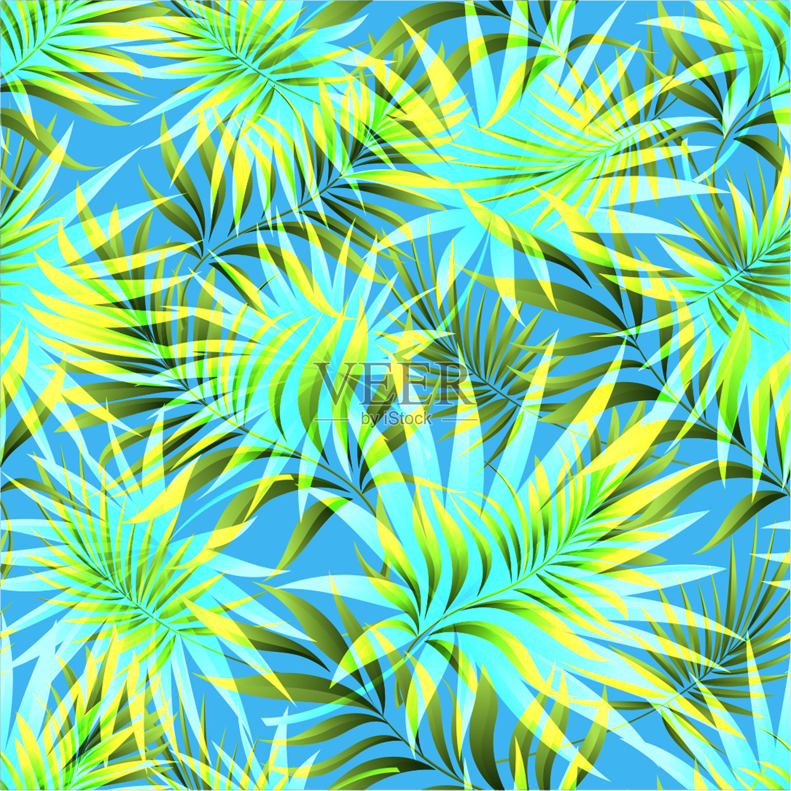 热带棕榈枝，丛林树叶的无缝图案。手绘。插画图片素材