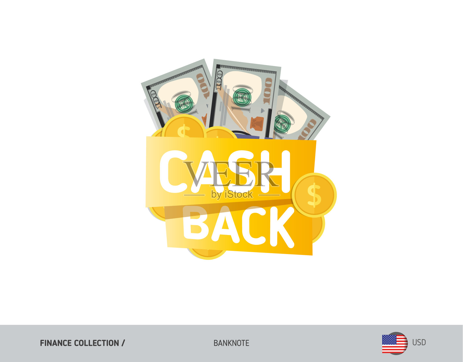 现金返还网页横幅与100美元纸币和硬币。平面风格矢量插图。购物和销售概念。插画图片素材