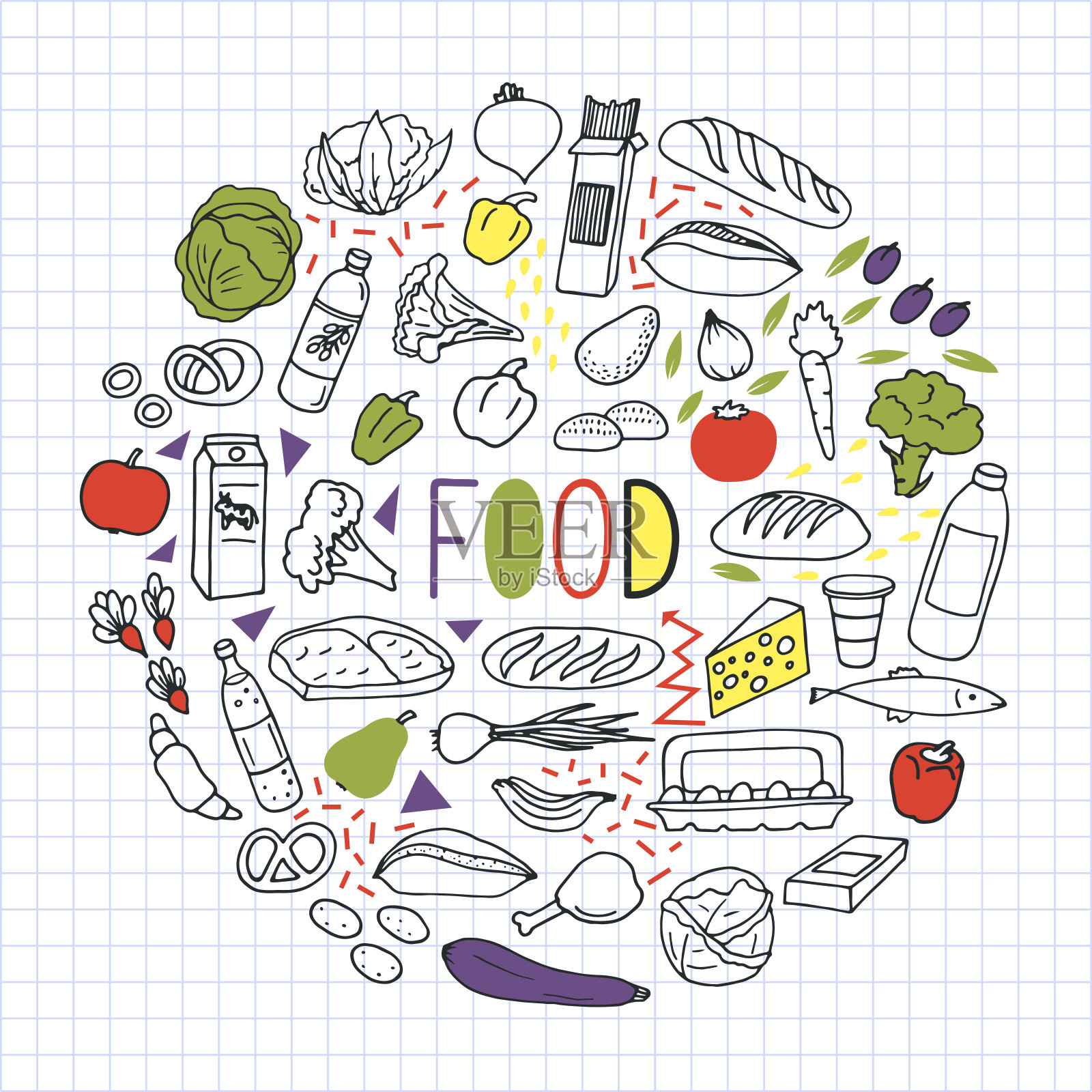 一套手绘食物素描与字母。插画图片素材