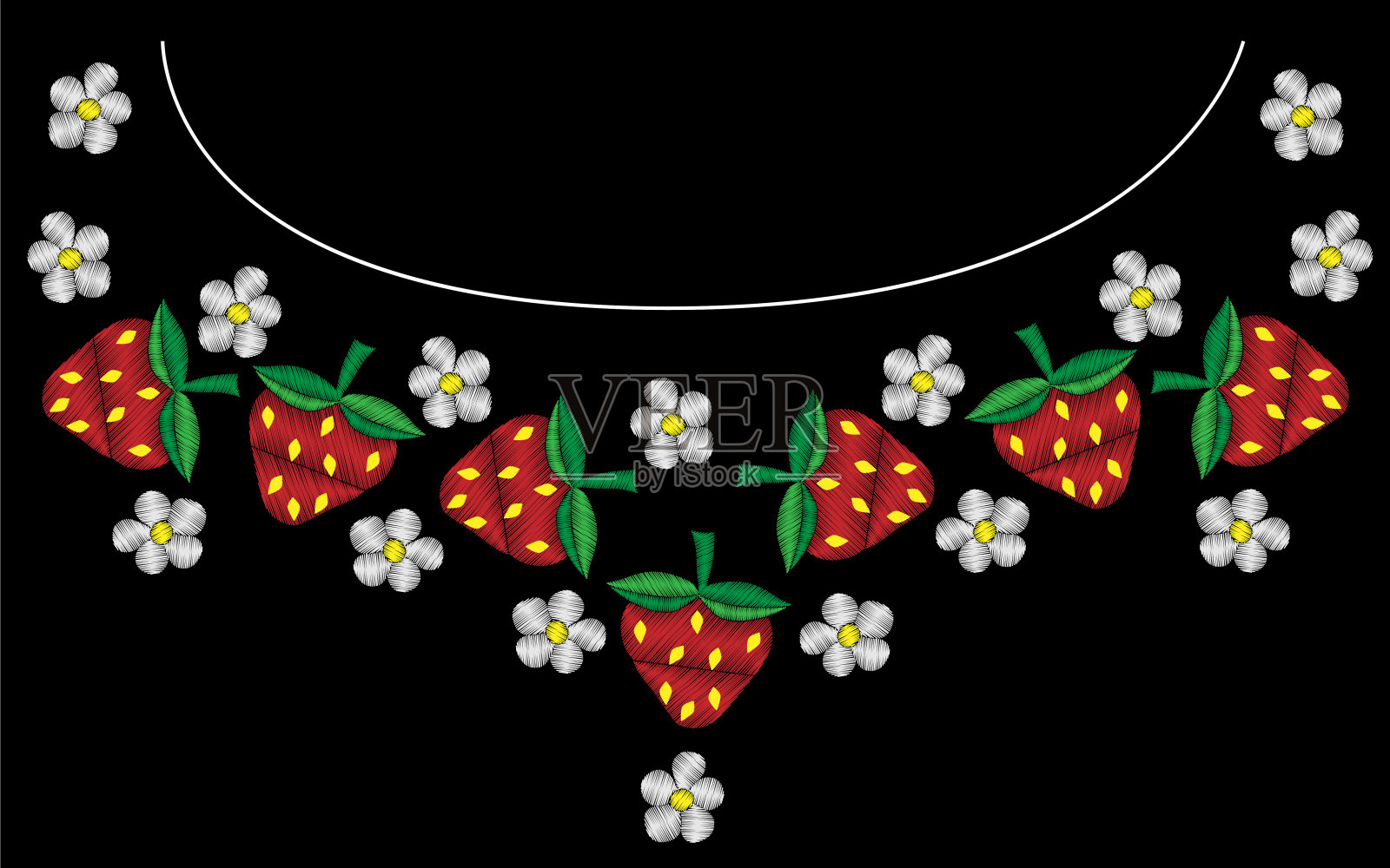 绣框草莓和鲜花与绿叶插画图片素材