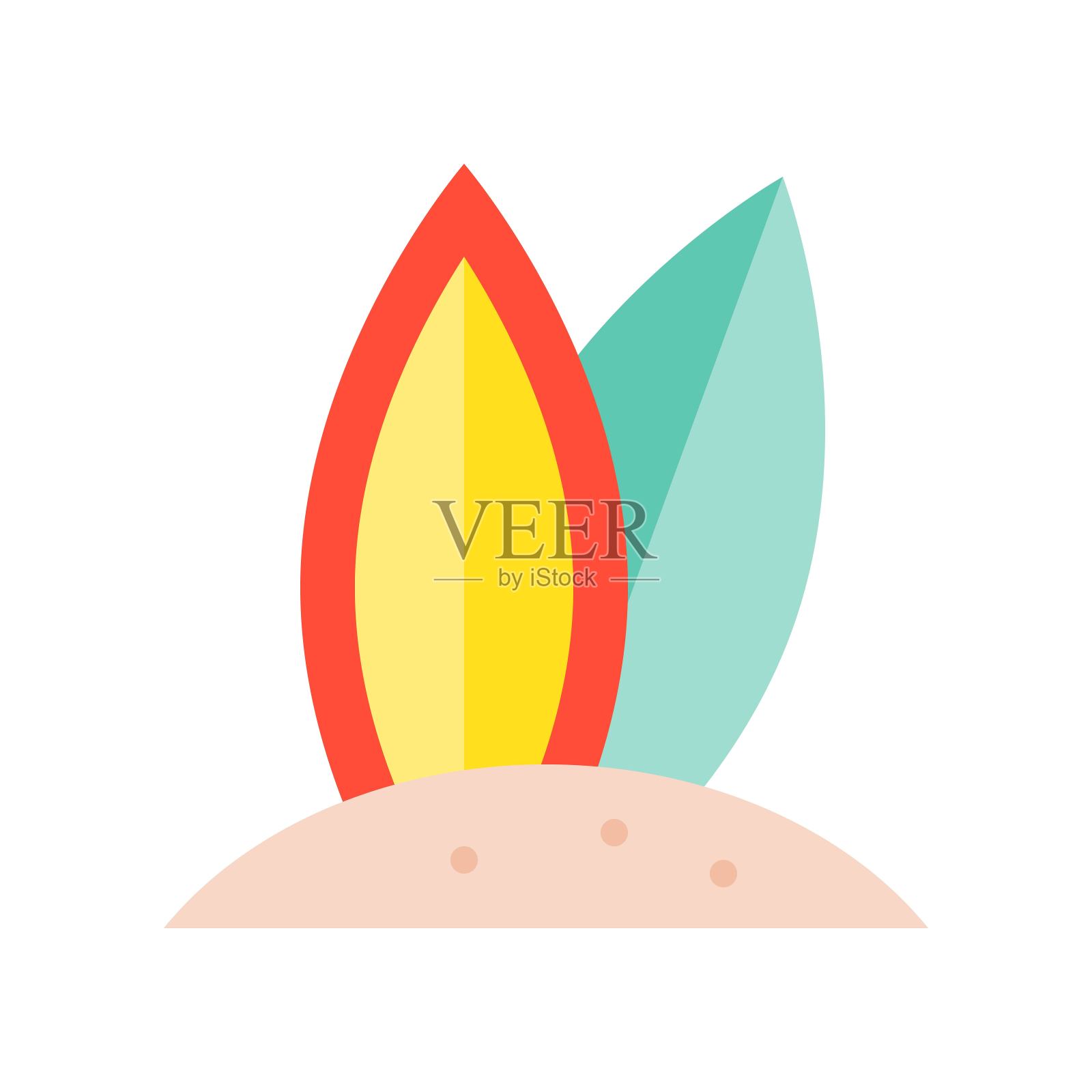 沙滩上的冲浪板，夏季相关的平面图标插画图片素材