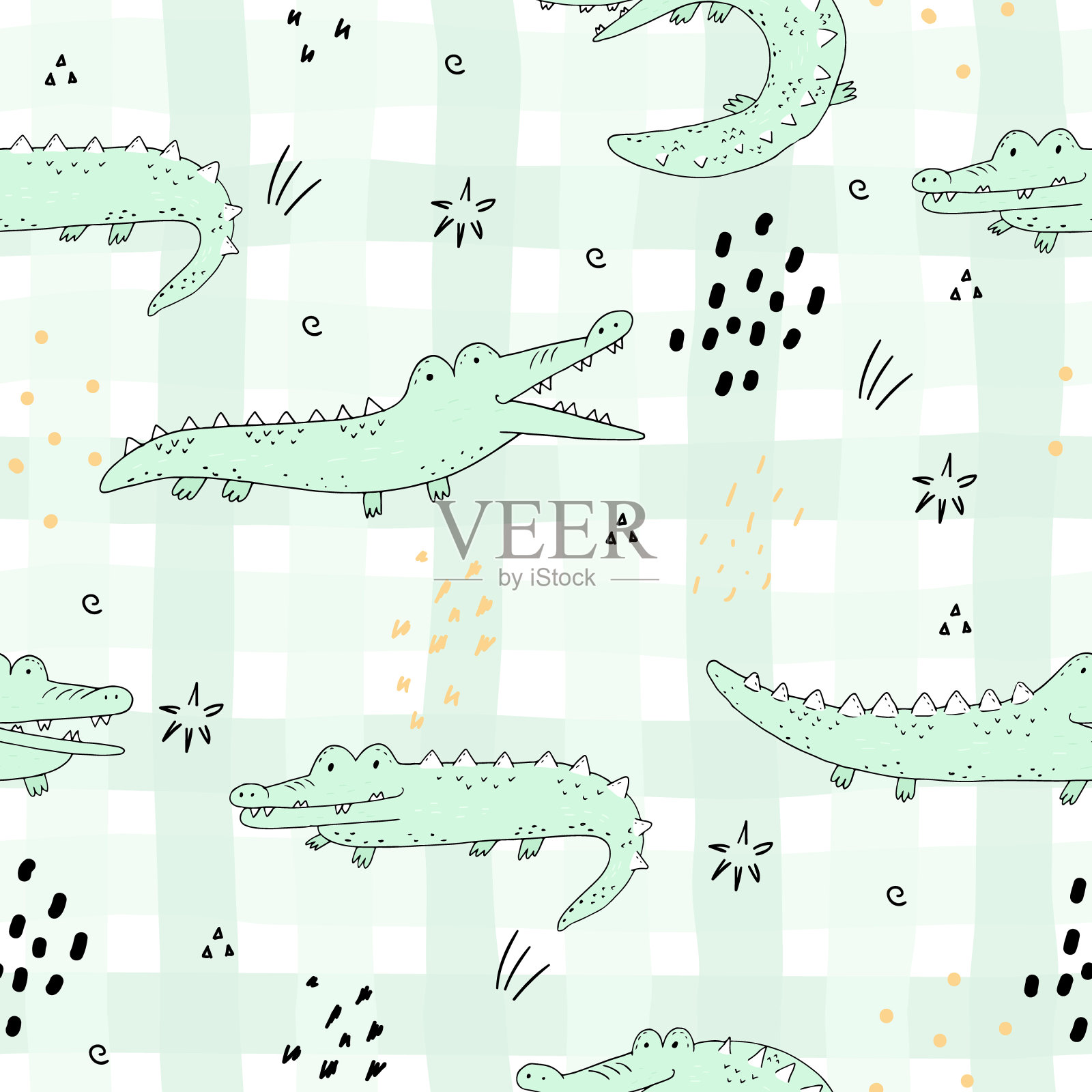 可爱的手绘无缝图案与有趣的鳄鱼。插画图片素材