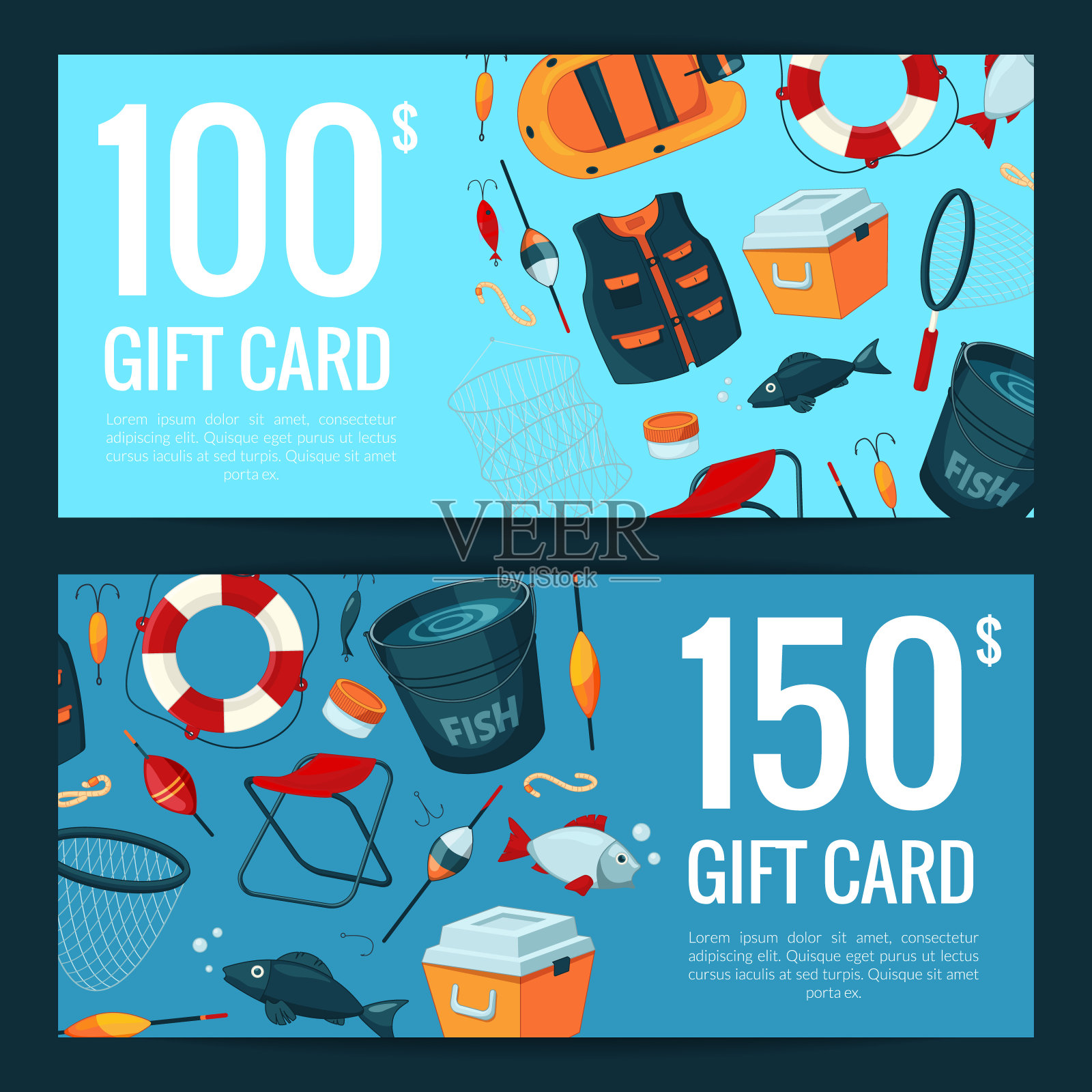 矢量折扣或礼品卡与卡通钓鱼设计模板素材