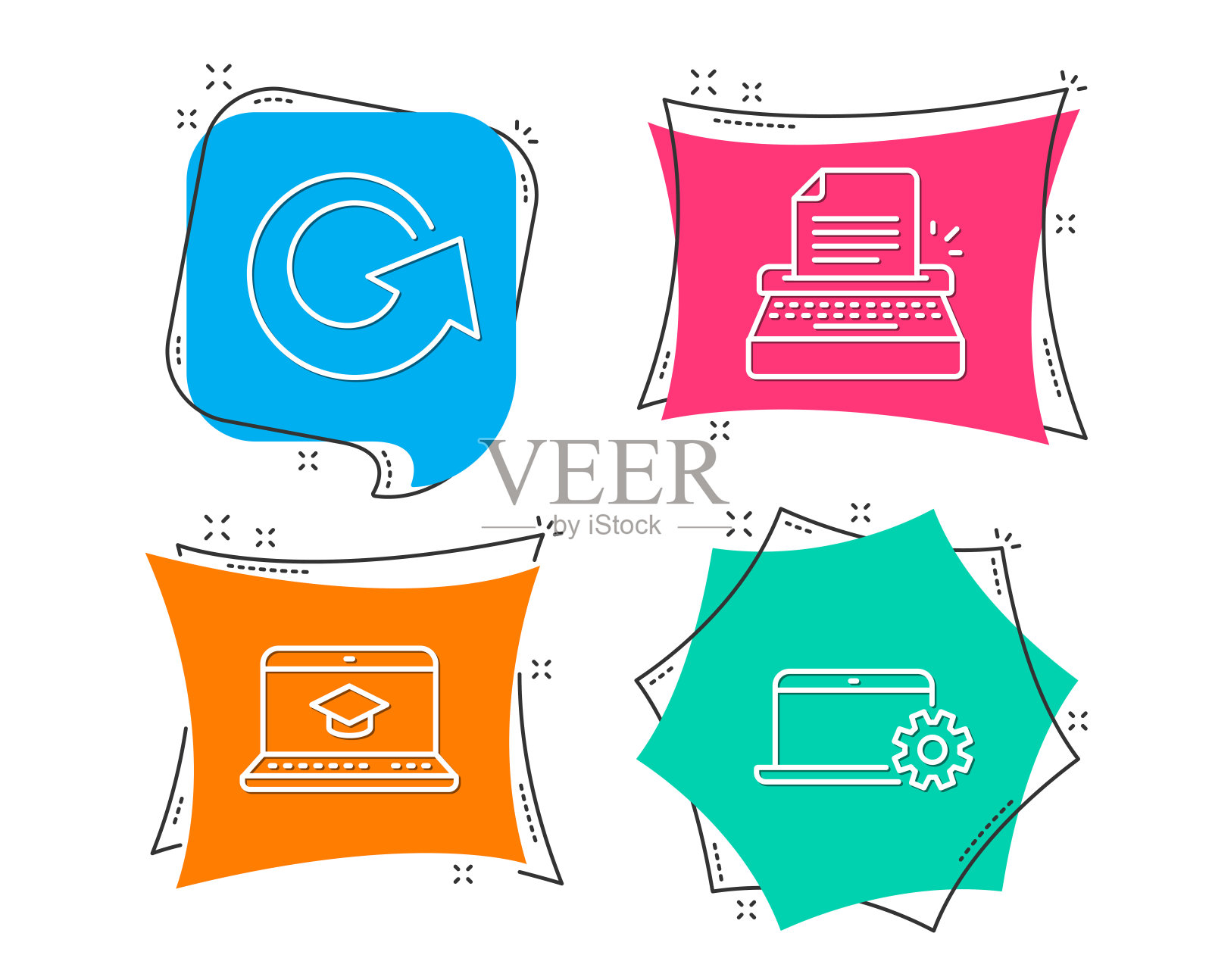 打字机，网站教育和重新加载图标。笔记本服务标志。书写机器，视频学习，更新。图标素材