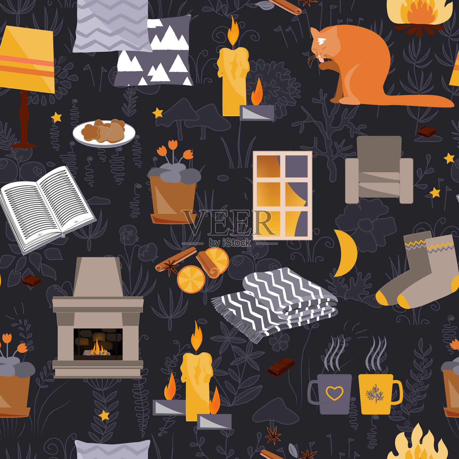 可爱的hygge无缝图案。和谐和幸福插画图片素材