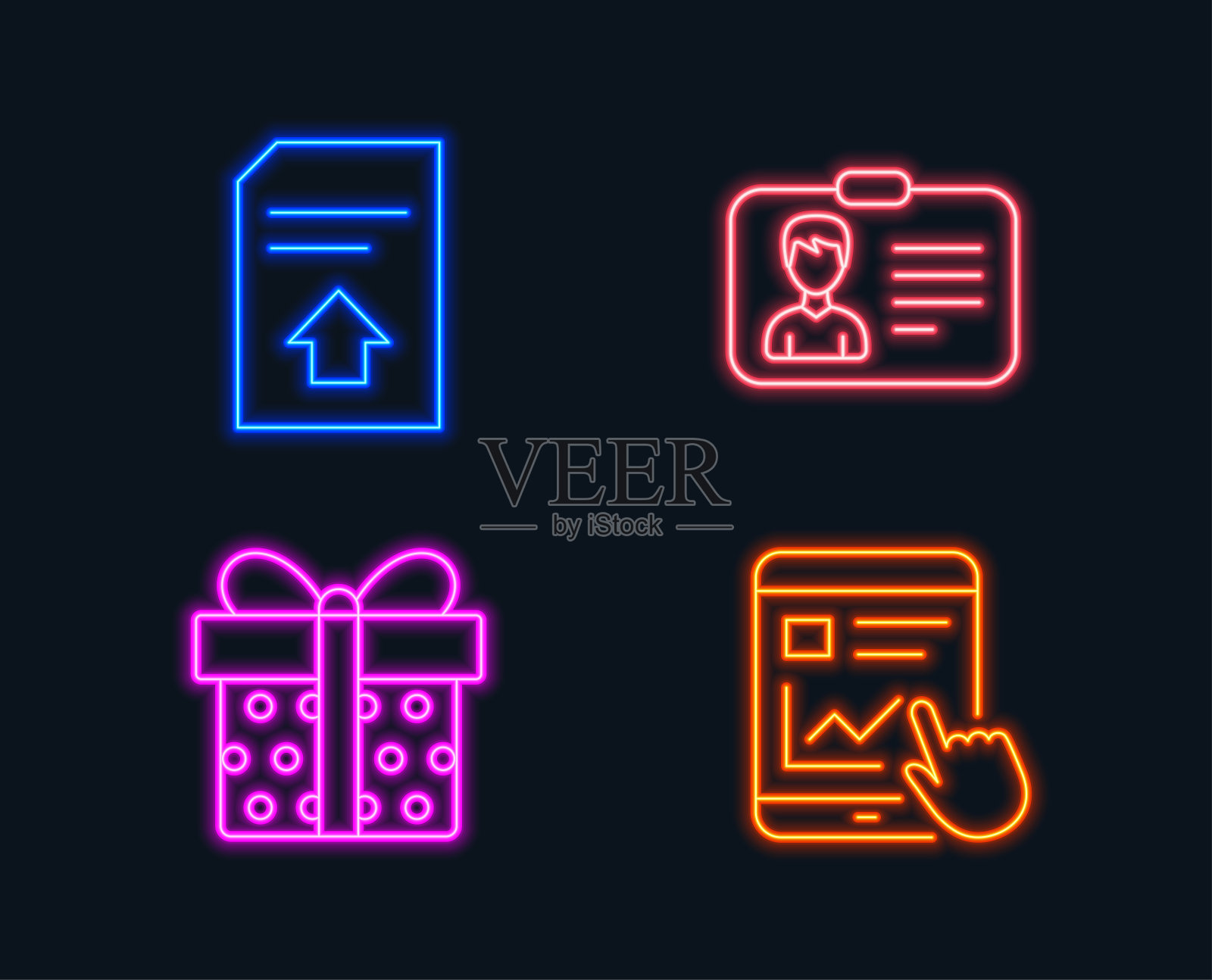 身份证，上传文件和礼盒图标。互联网报告的迹象。图标素材