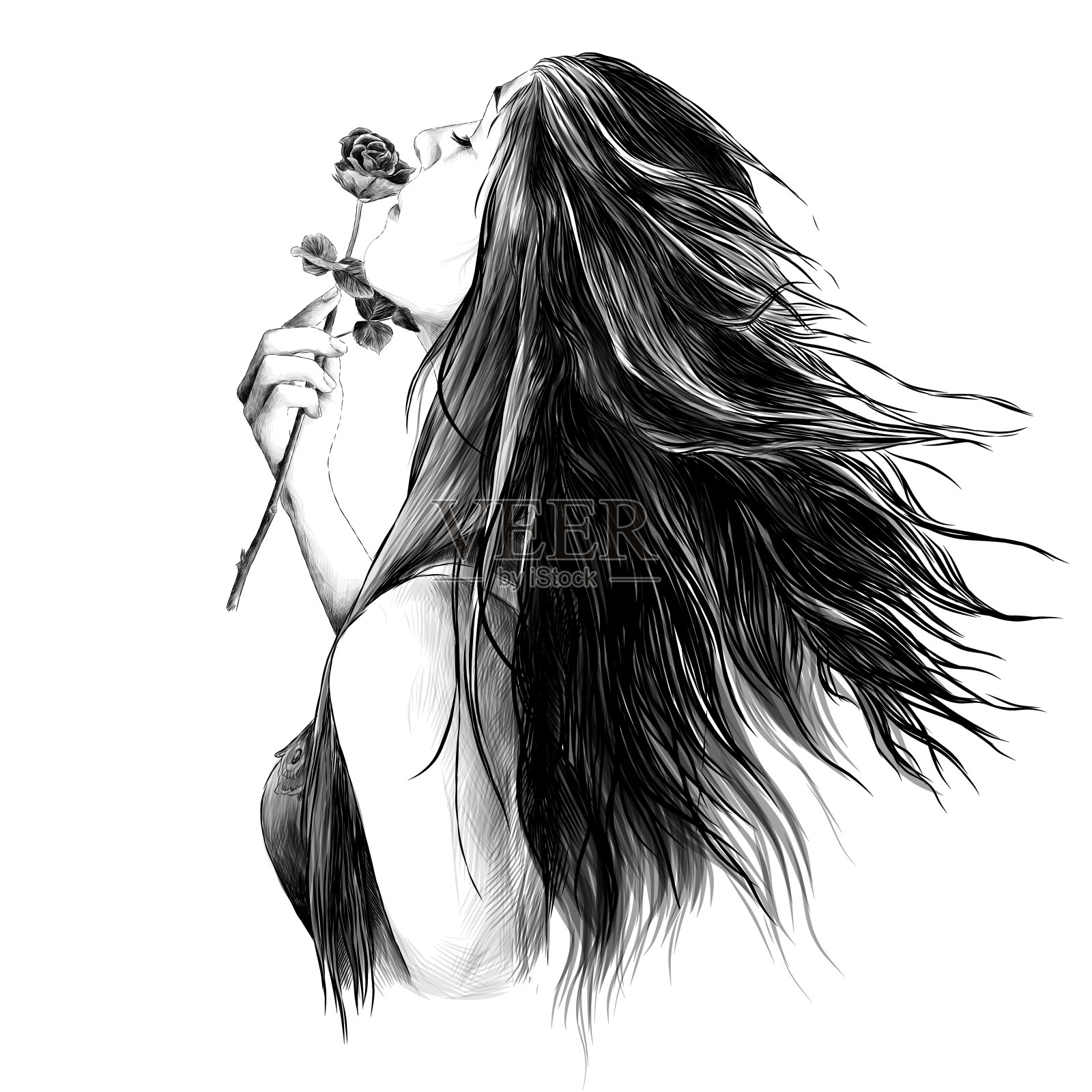 一个披头散发的女孩的肖像插画图片素材